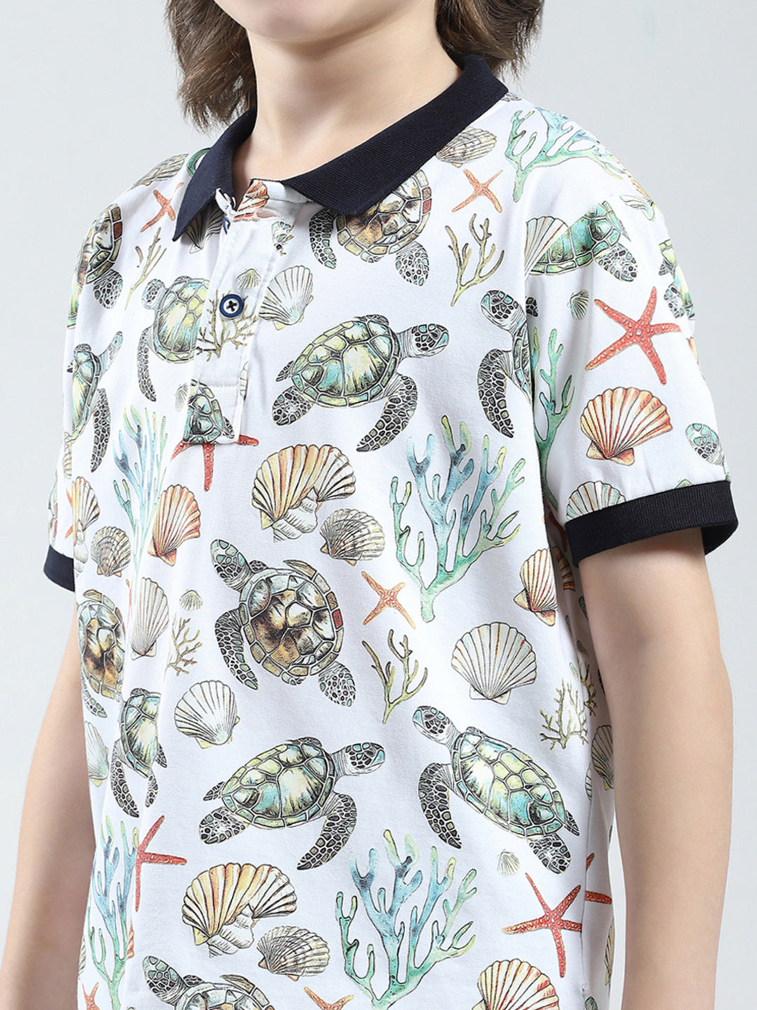 Boys White Printed Collar Half Sleeve T-Shirt