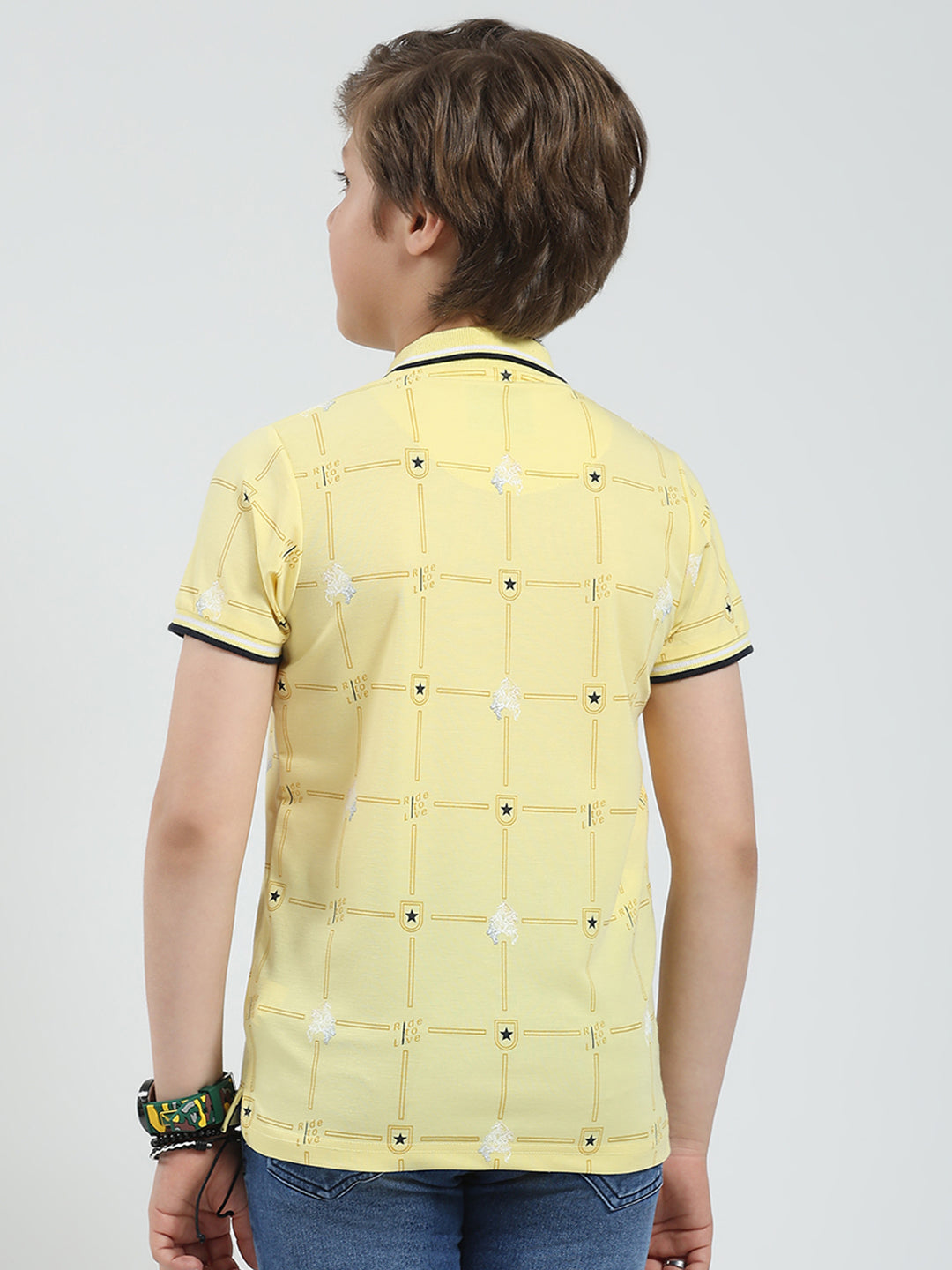 Boys Yellow Printed Collar Half Sleeve T-Shirt