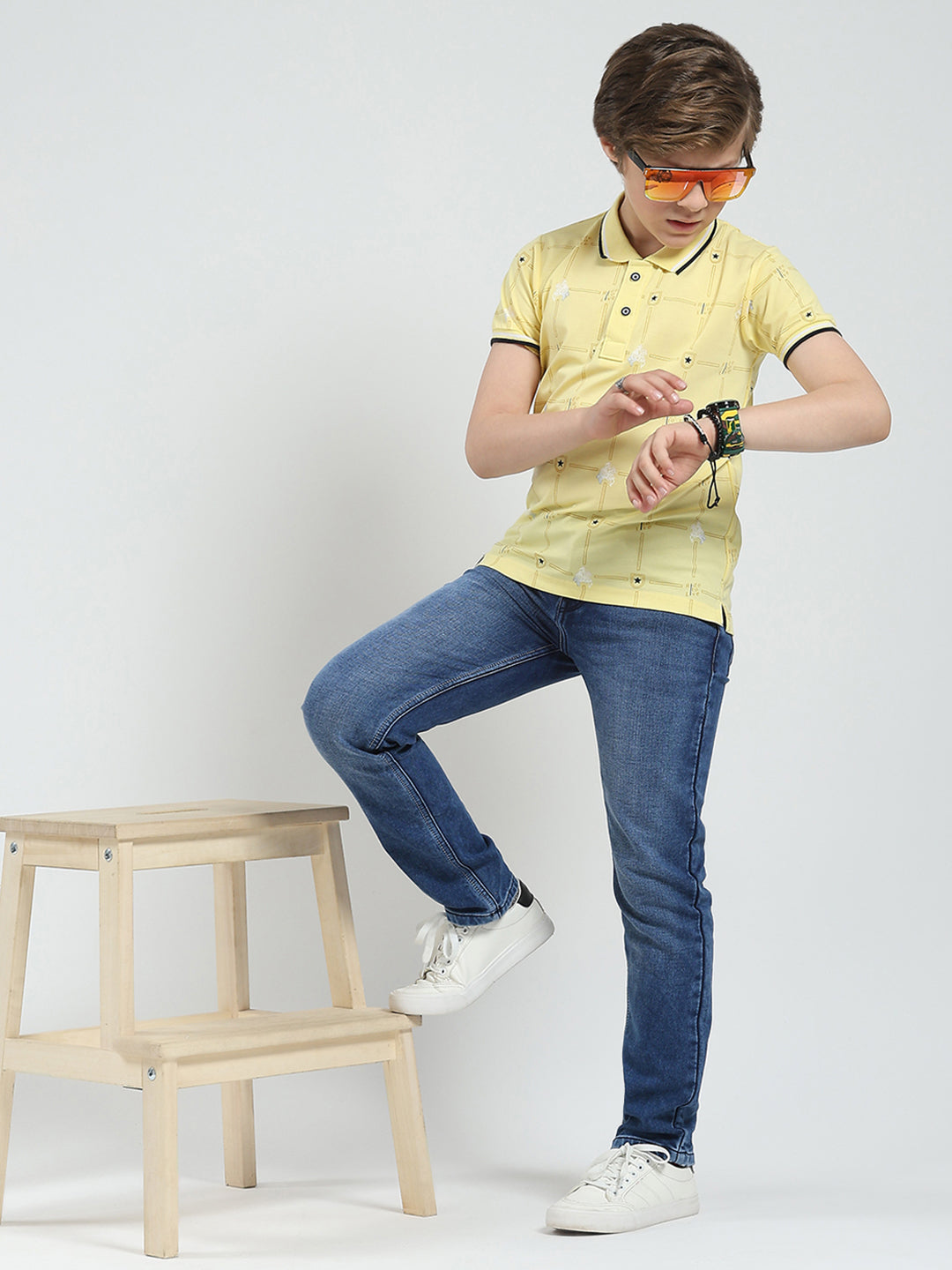 Boys Yellow Printed Collar Half Sleeve T-Shirt