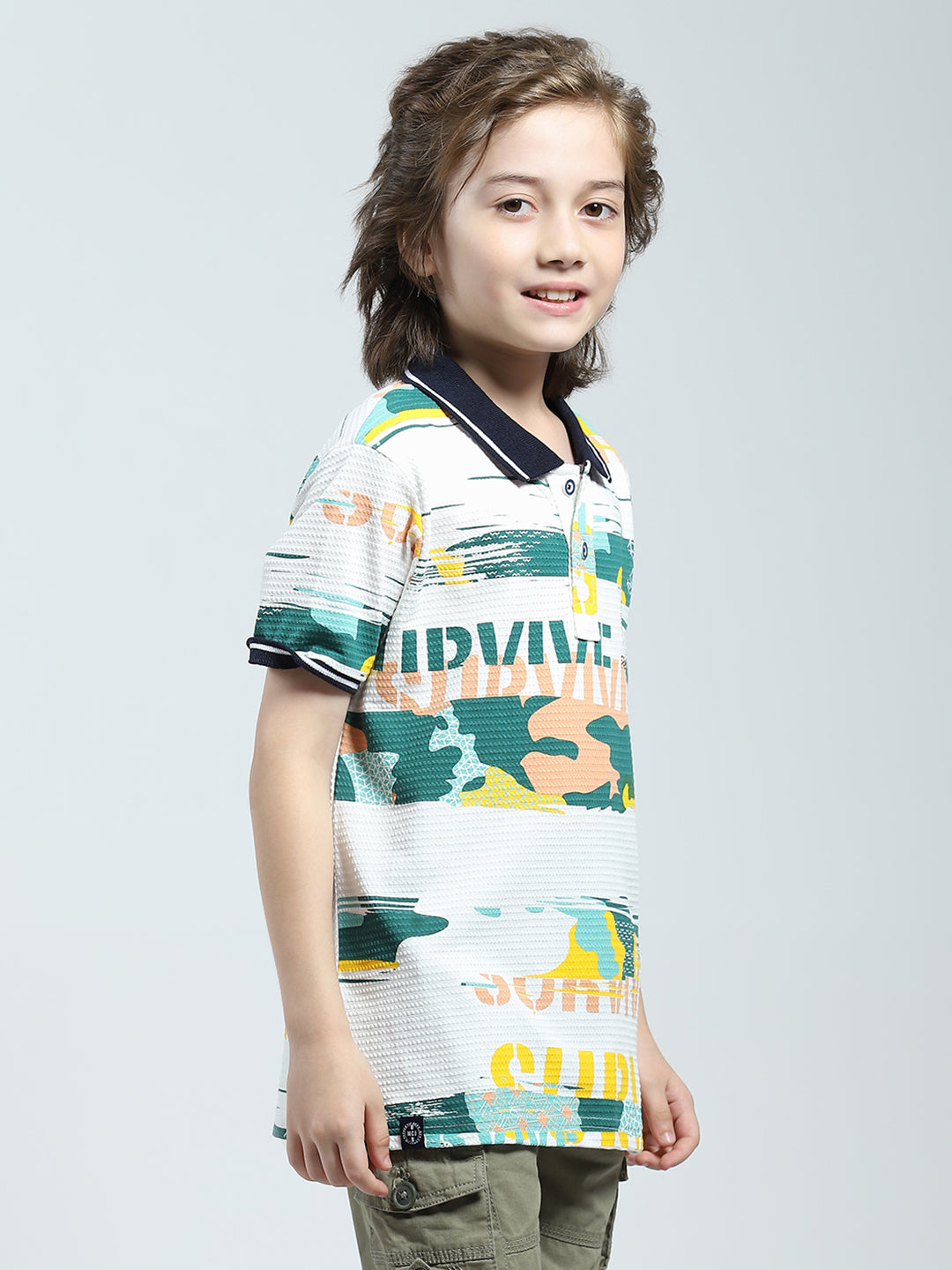 Boys White Printed Collar Half Sleeve T-Shirt