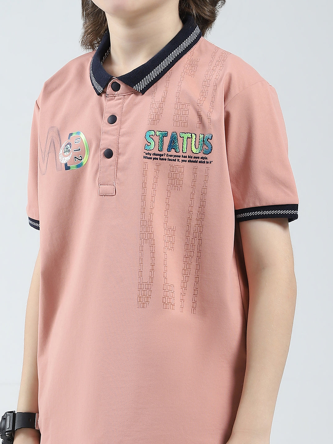 Boys Peach Printed Collar Half Sleeve T-Shirt