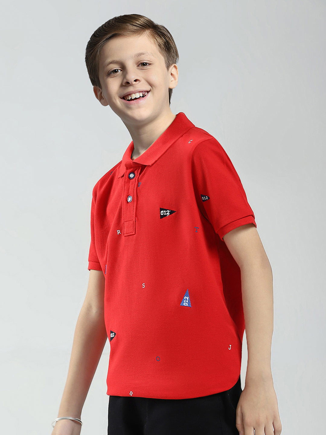 Boys Red Printed Collar Half Sleeve T-Shirt