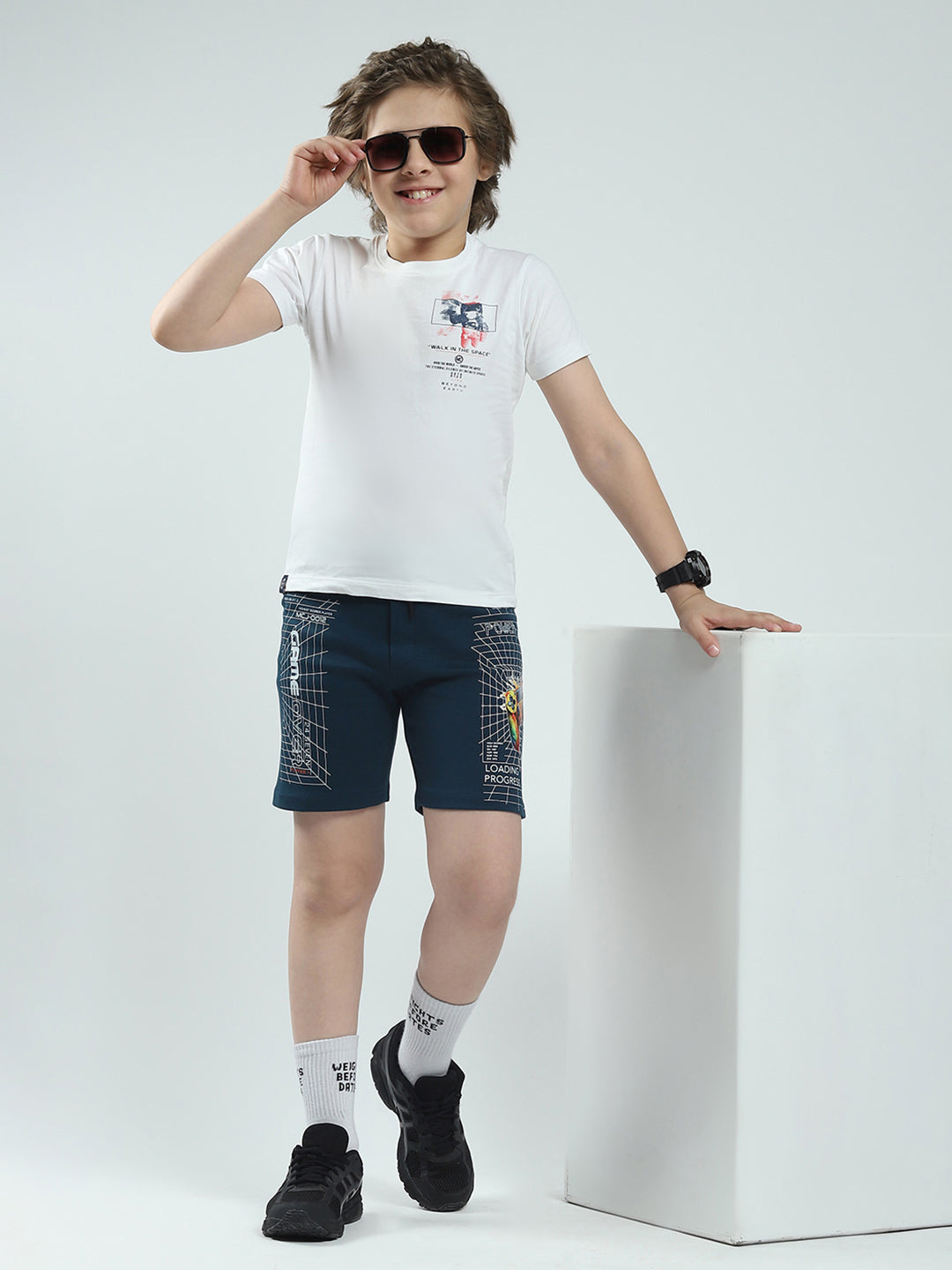 Boys Teal Blue Printed Regular Fit Bermuda