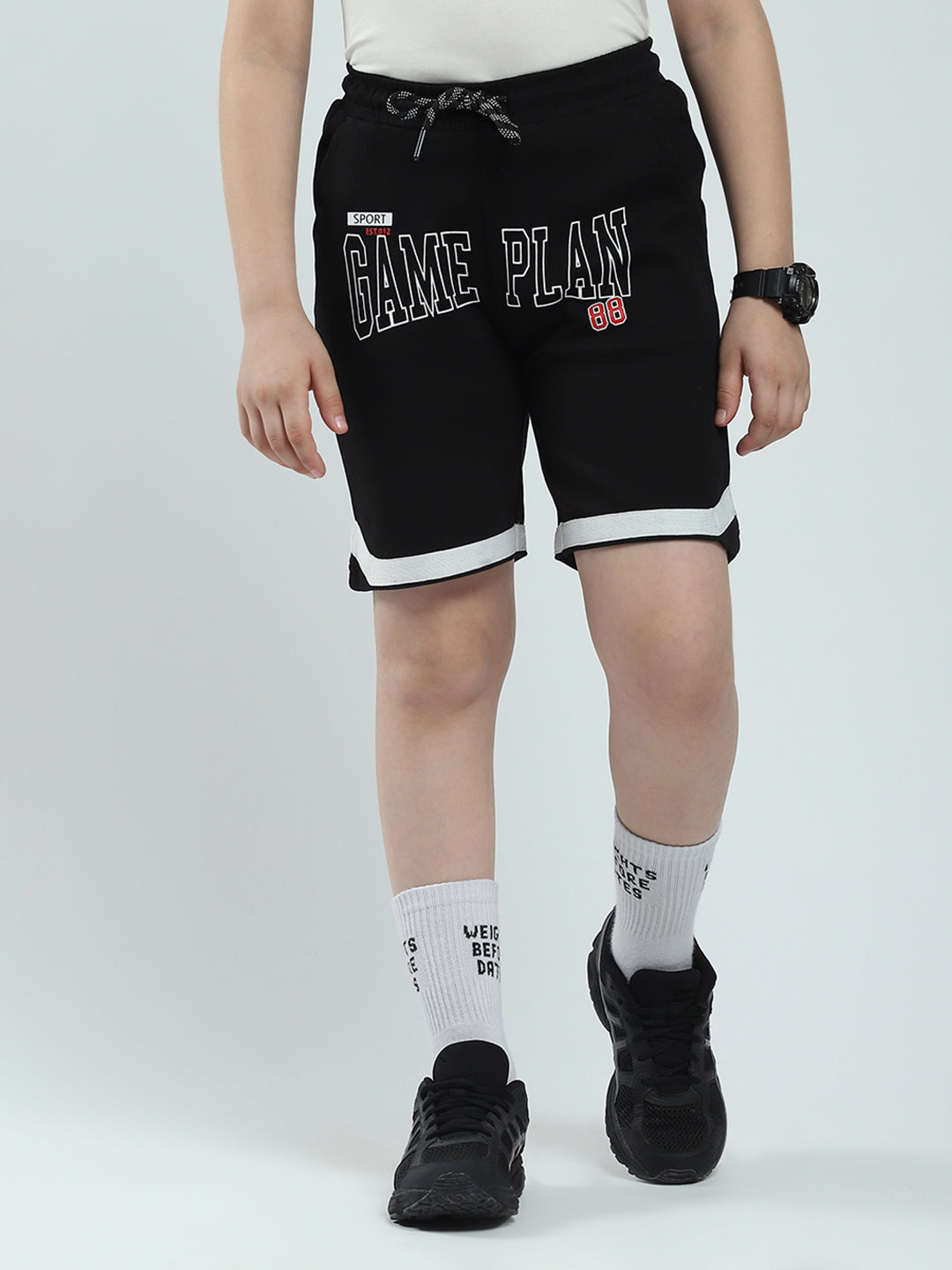 Boys Black Printed Regular Fit Bermuda