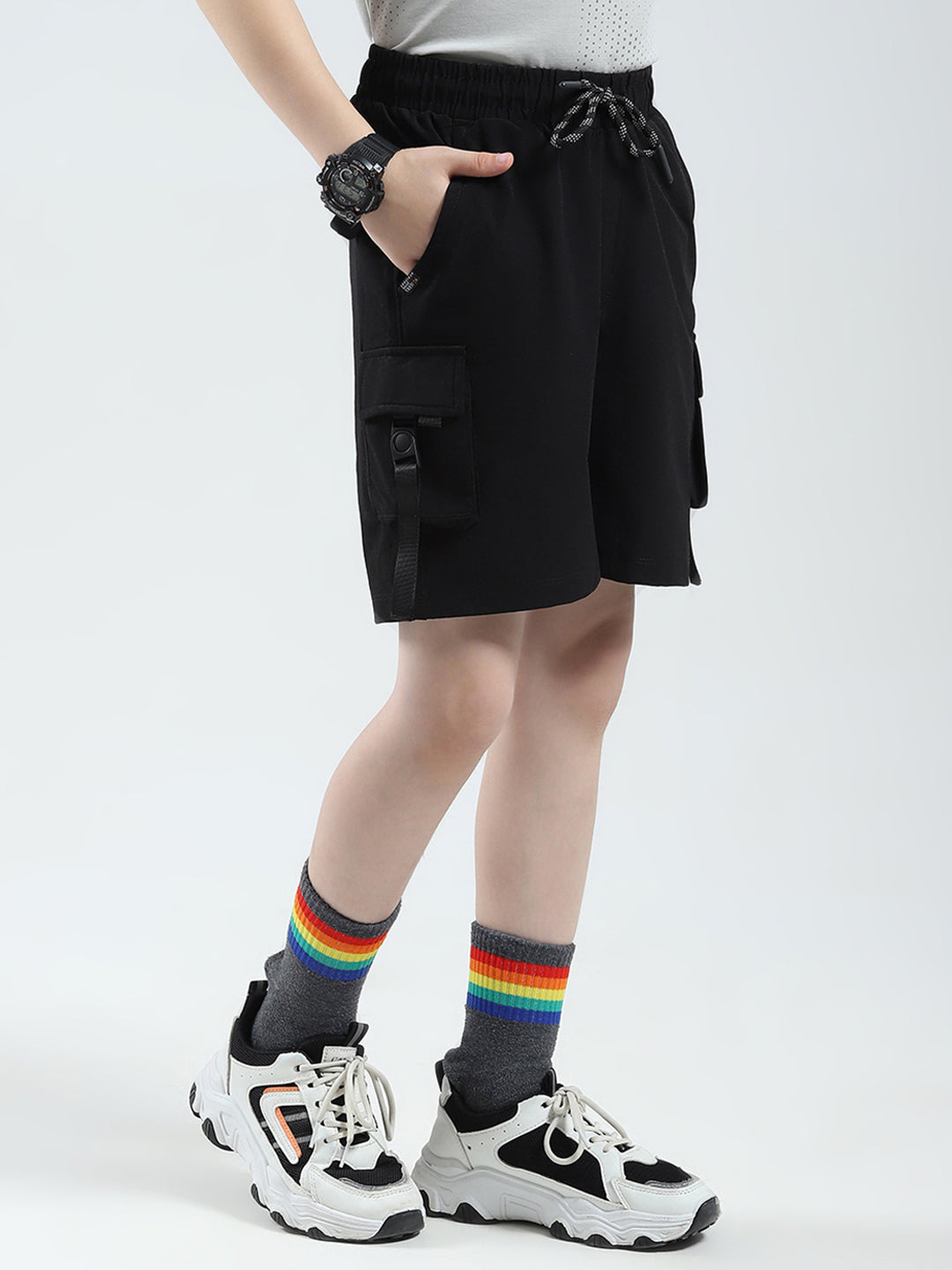 Boys Black Solid Regular Fit Bermuda