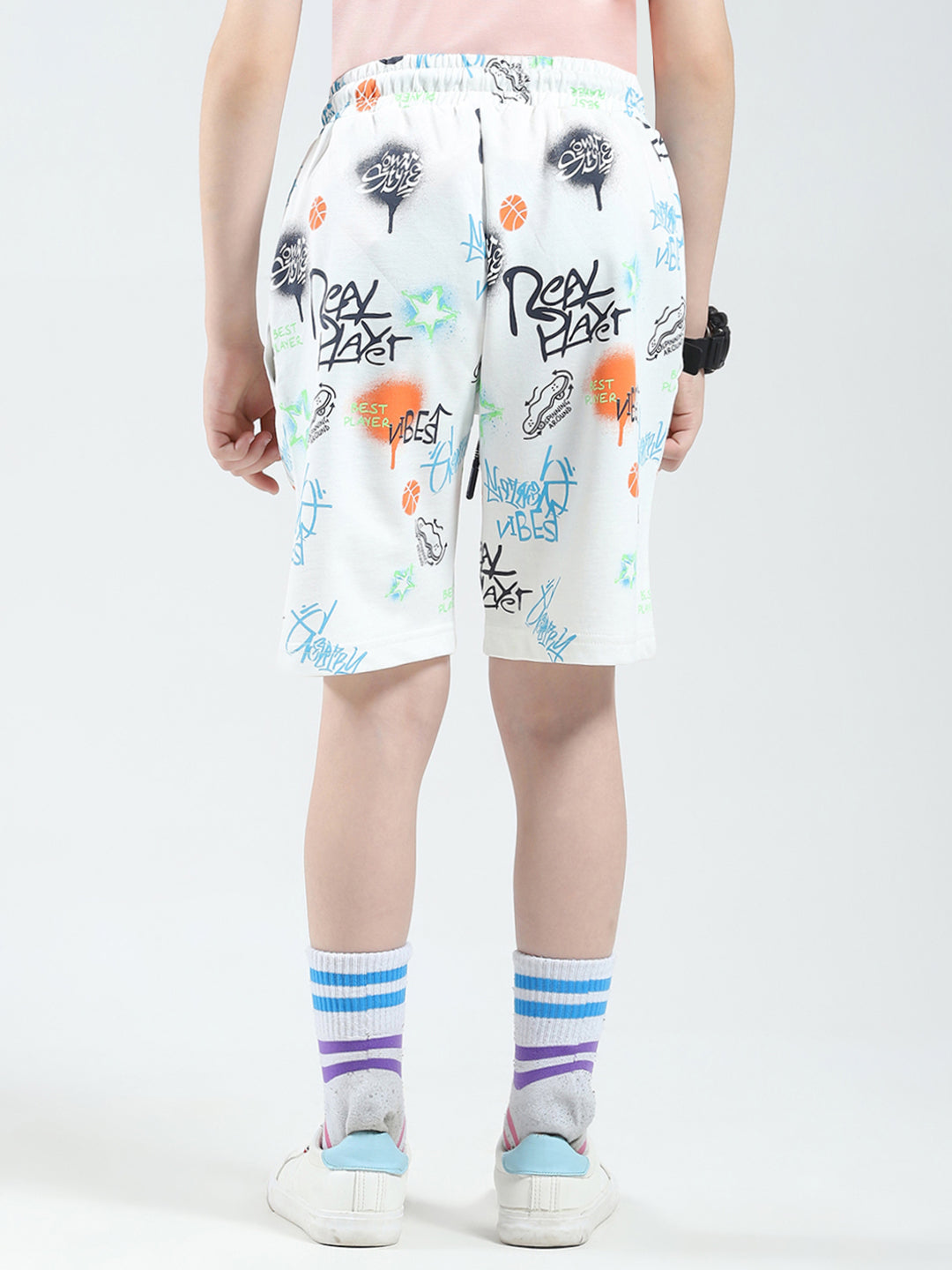 Boys White Printed Regular Fit Bermuda
