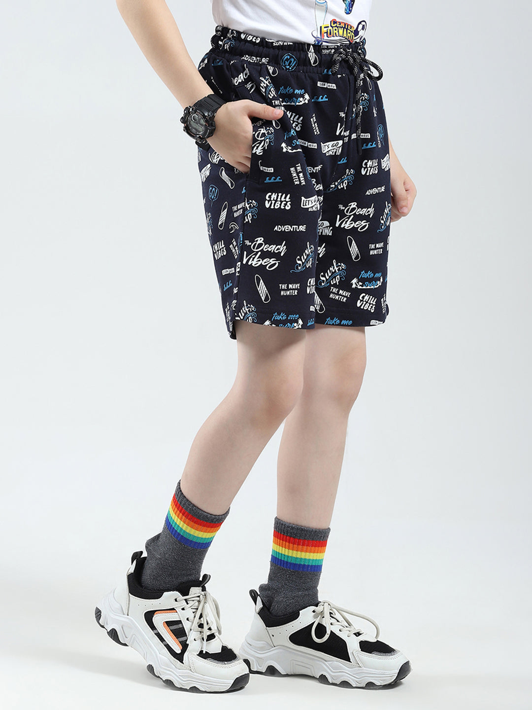 Boys Navy Blue Printed Regular Fit Bermuda