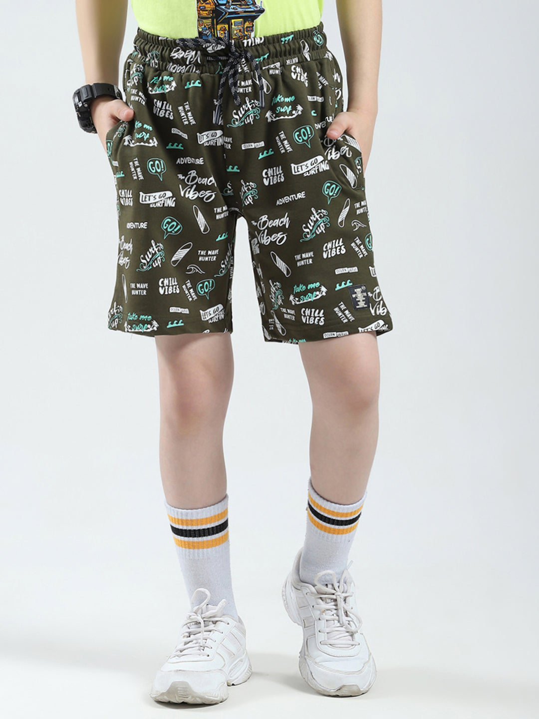 Boys Olive Printed Regular Fit Bermuda