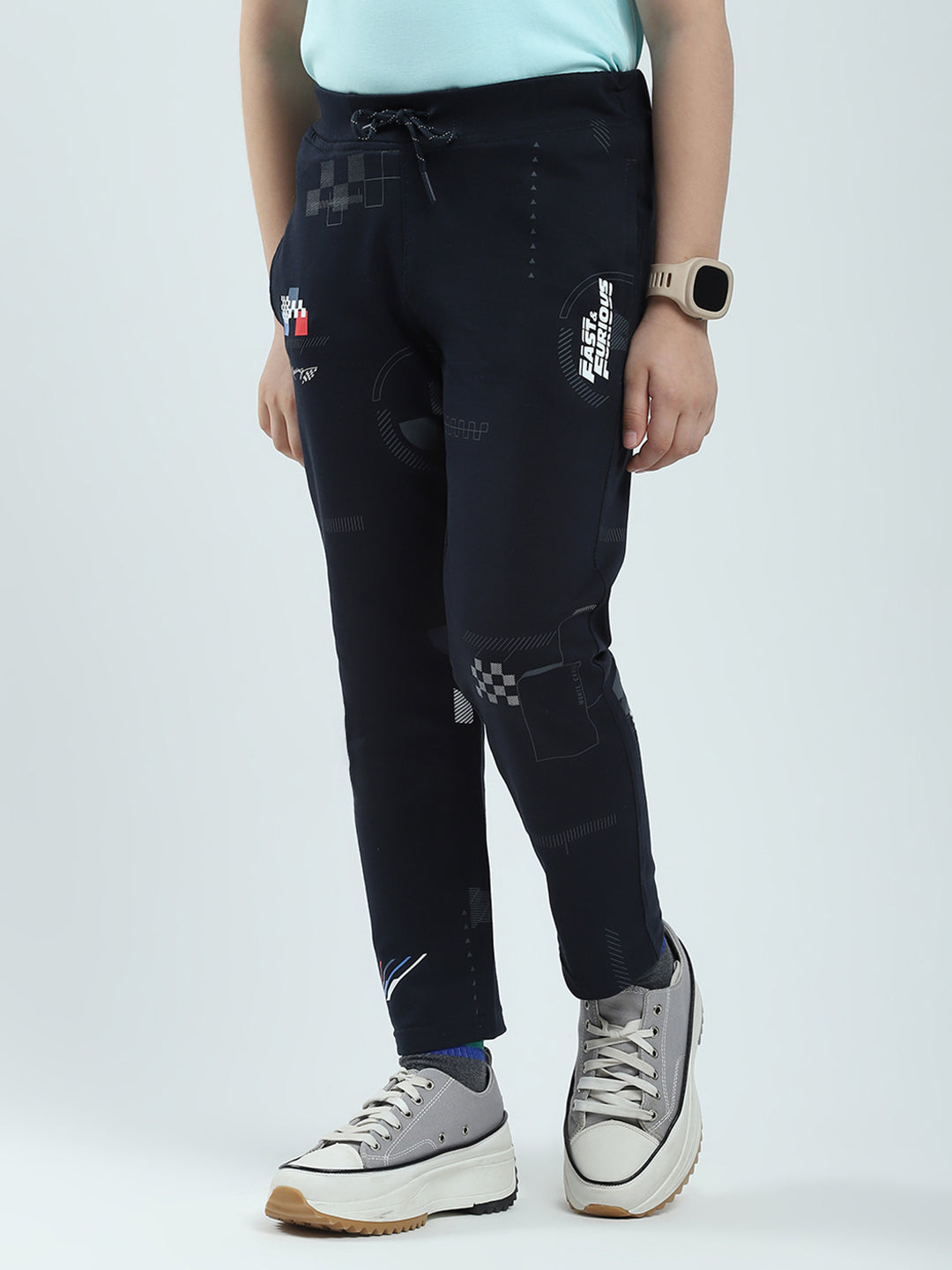Boys Navy Blue Printed Regular Fit Lower
