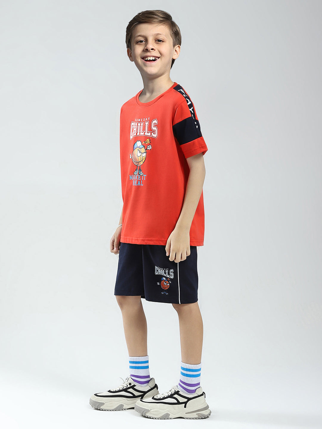 Boys Orange Printed Round Neck Half Sleeve Bermuda Set
