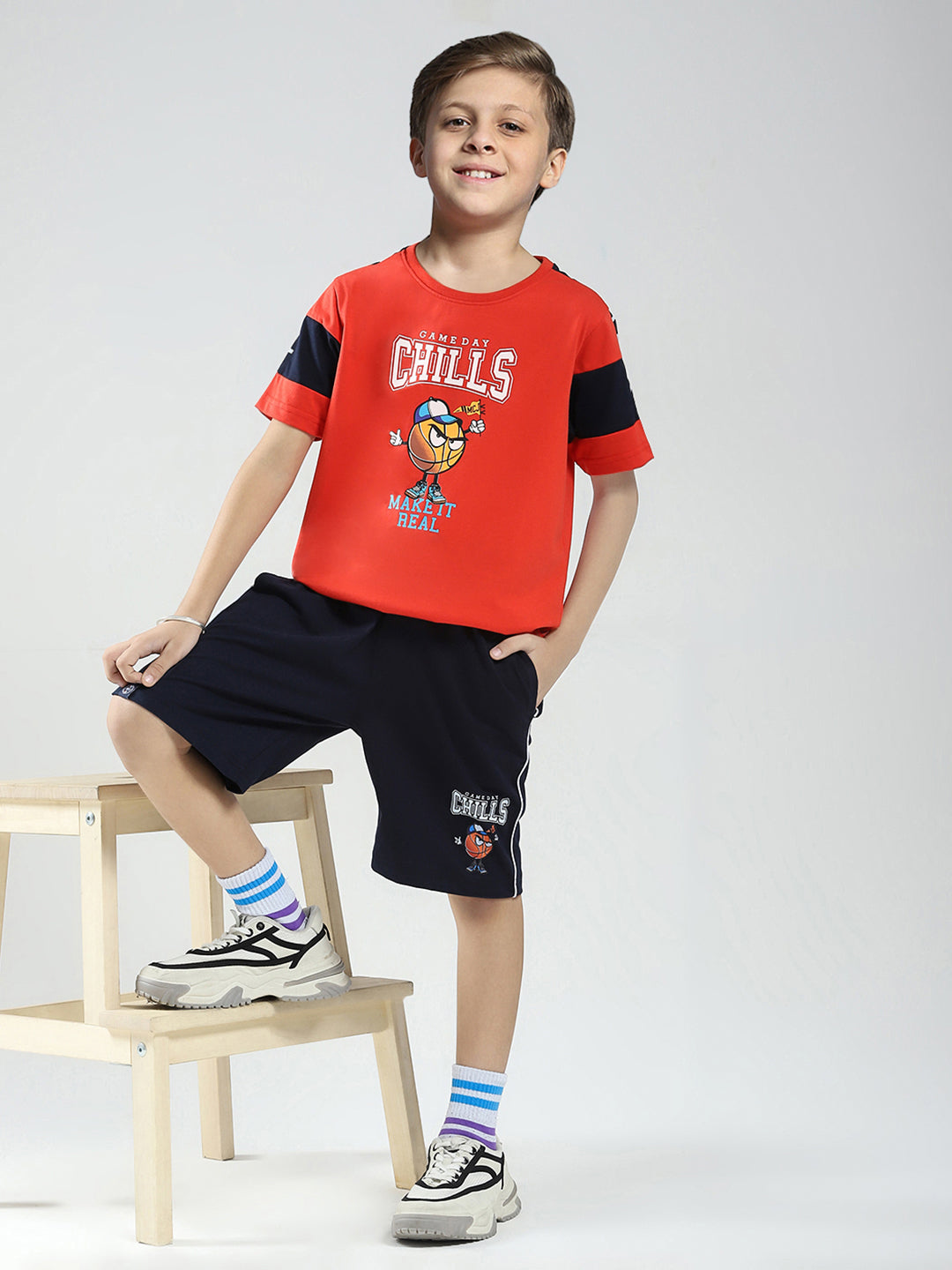 Boys Orange Printed Round Neck Half Sleeve Bermuda Set