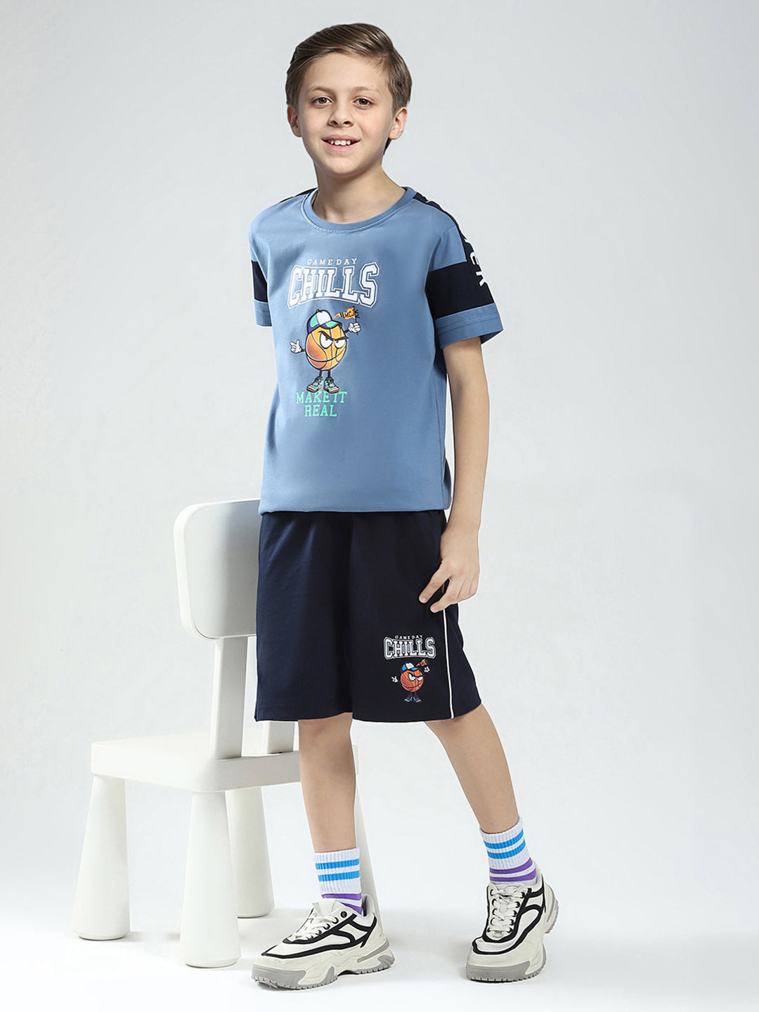 Boys Blue Printed Round Neck Half Sleeve Bermuda Set