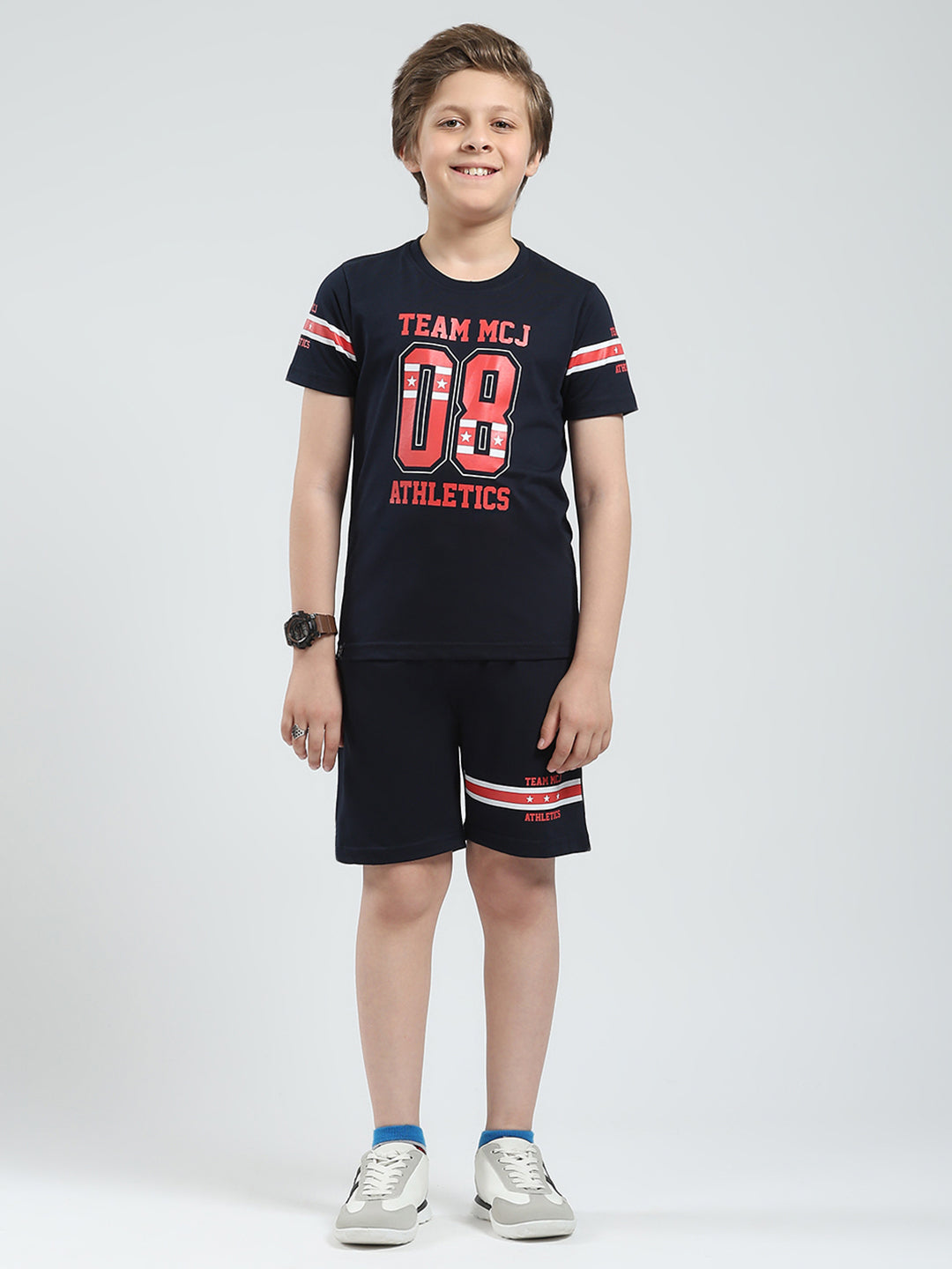 Boys Navy Blue Printed Round Neck Half Sleeve Bermuda Set