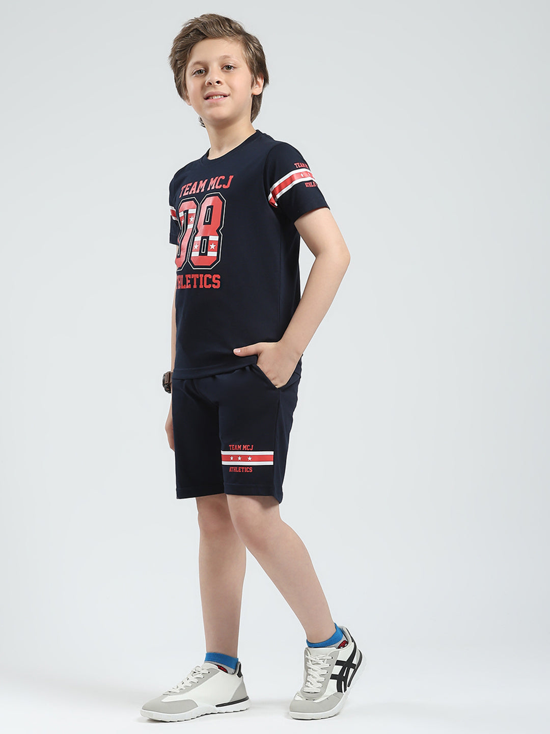 Boys Navy Blue Printed Round Neck Half Sleeve Bermuda Set