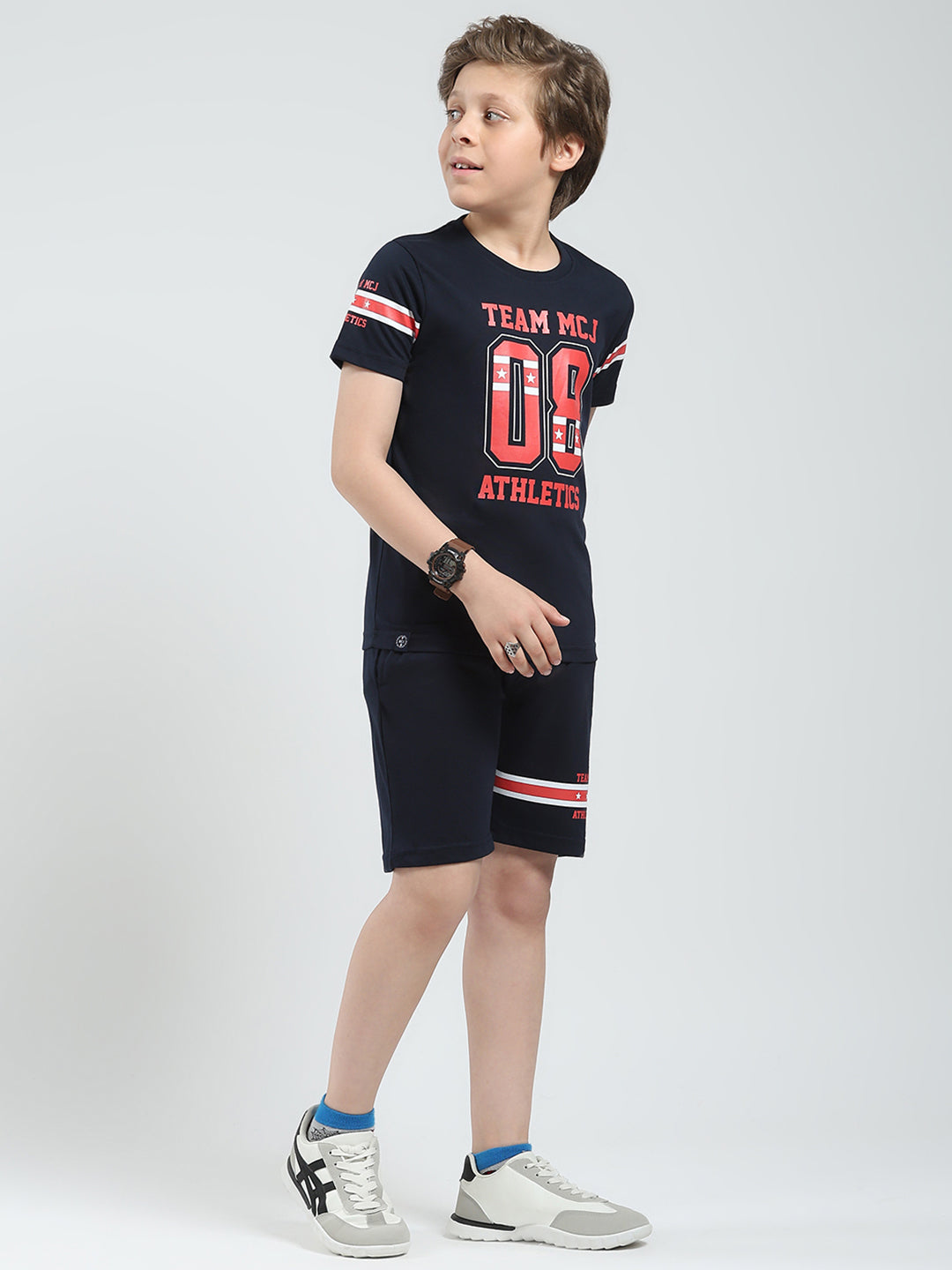 Boys Navy Blue Printed Round Neck Half Sleeve Bermuda Set