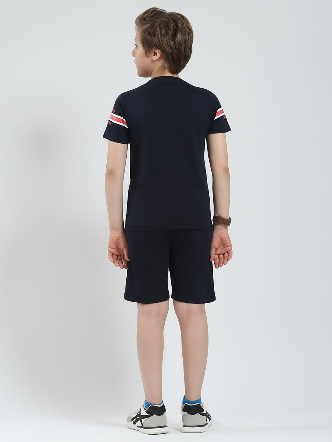 Boys Navy Blue Printed Round Neck Half Sleeve Bermuda Set