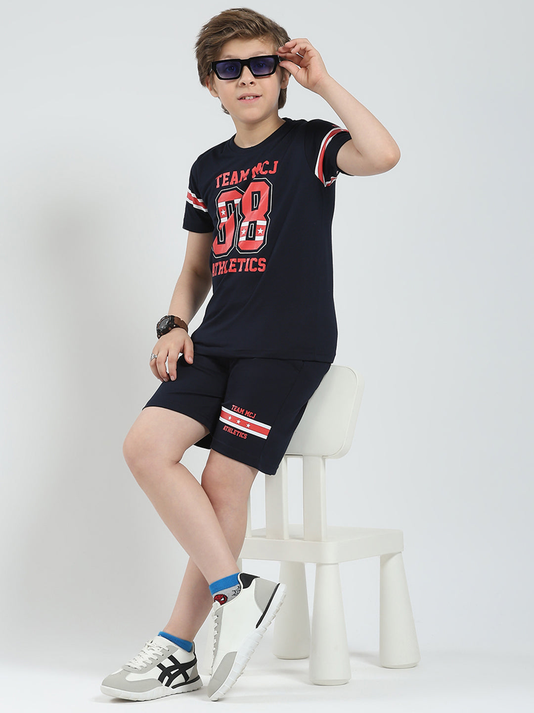 Boys Navy Blue Printed Round Neck Half Sleeve Bermuda Set
