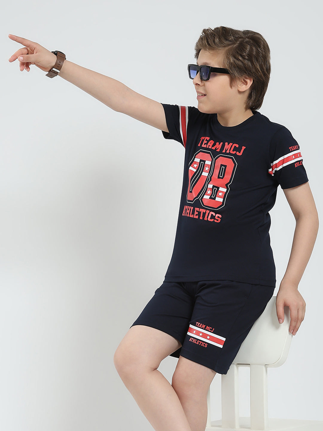 Boys Navy Blue Printed Round Neck Half Sleeve Bermuda Set