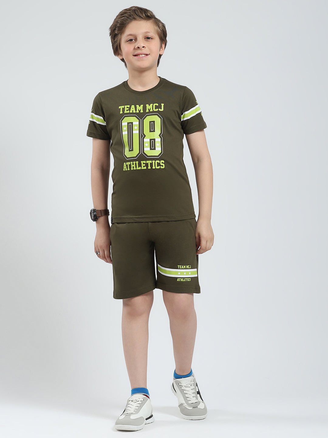 Boys Olive Printed Round Neck Half Sleeve Bermuda Set