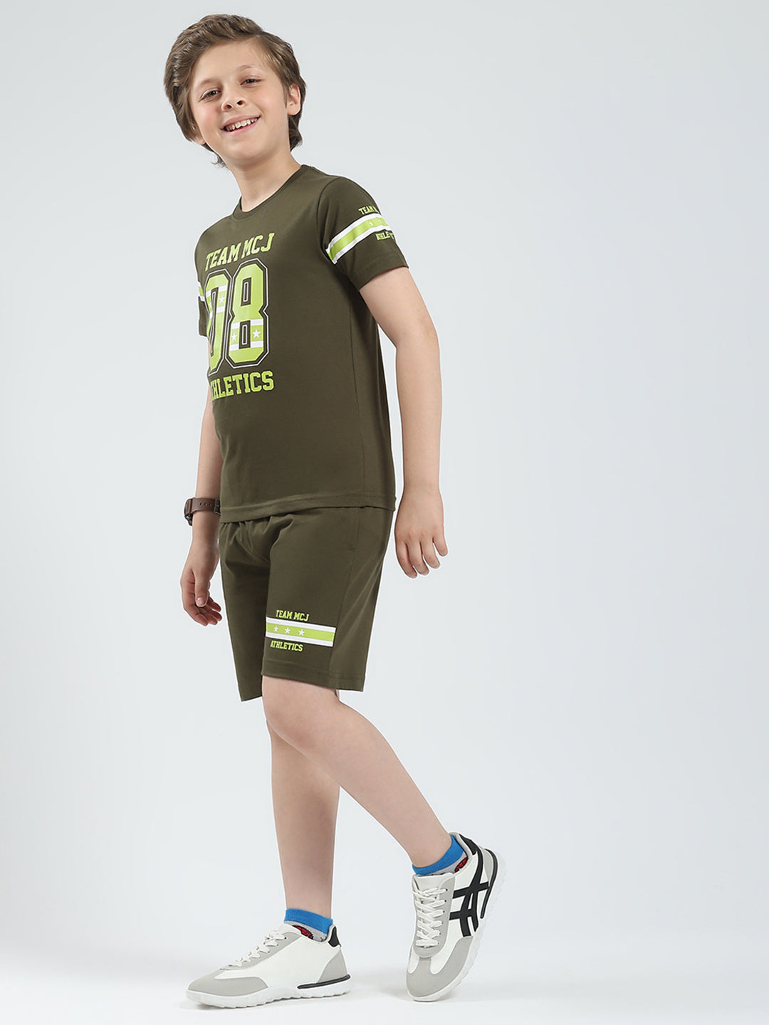 Boys Olive Printed Round Neck Half Sleeve Bermuda Set