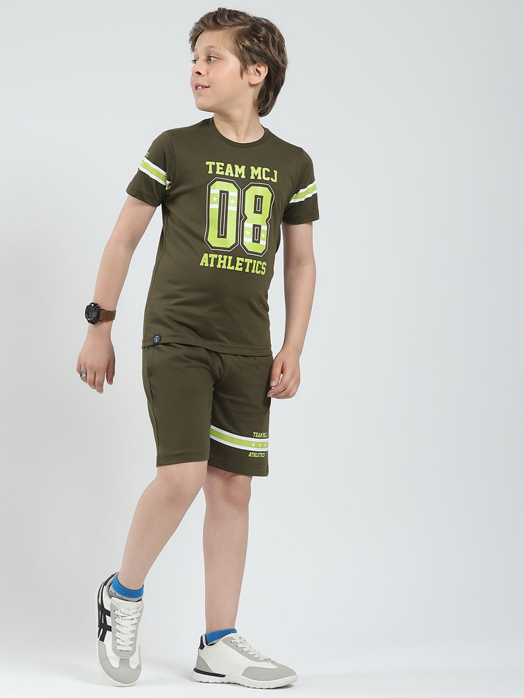 Boys Olive Printed Round Neck Half Sleeve Bermuda Set