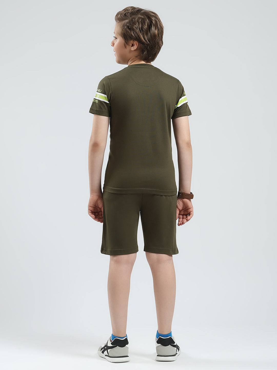 Boys Olive Printed Round Neck Half Sleeve Bermuda Set
