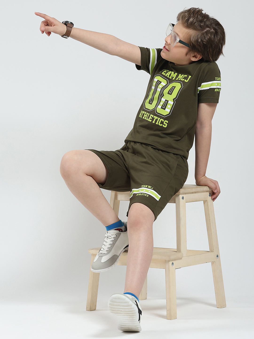 Boys Olive Printed Round Neck Half Sleeve Bermuda Set