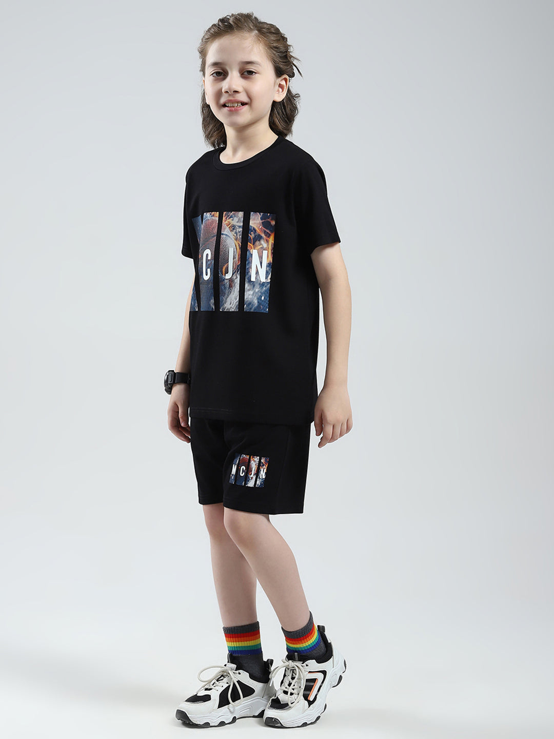 Boys Black Printed Round Neck Half Sleeve Bermuda Set