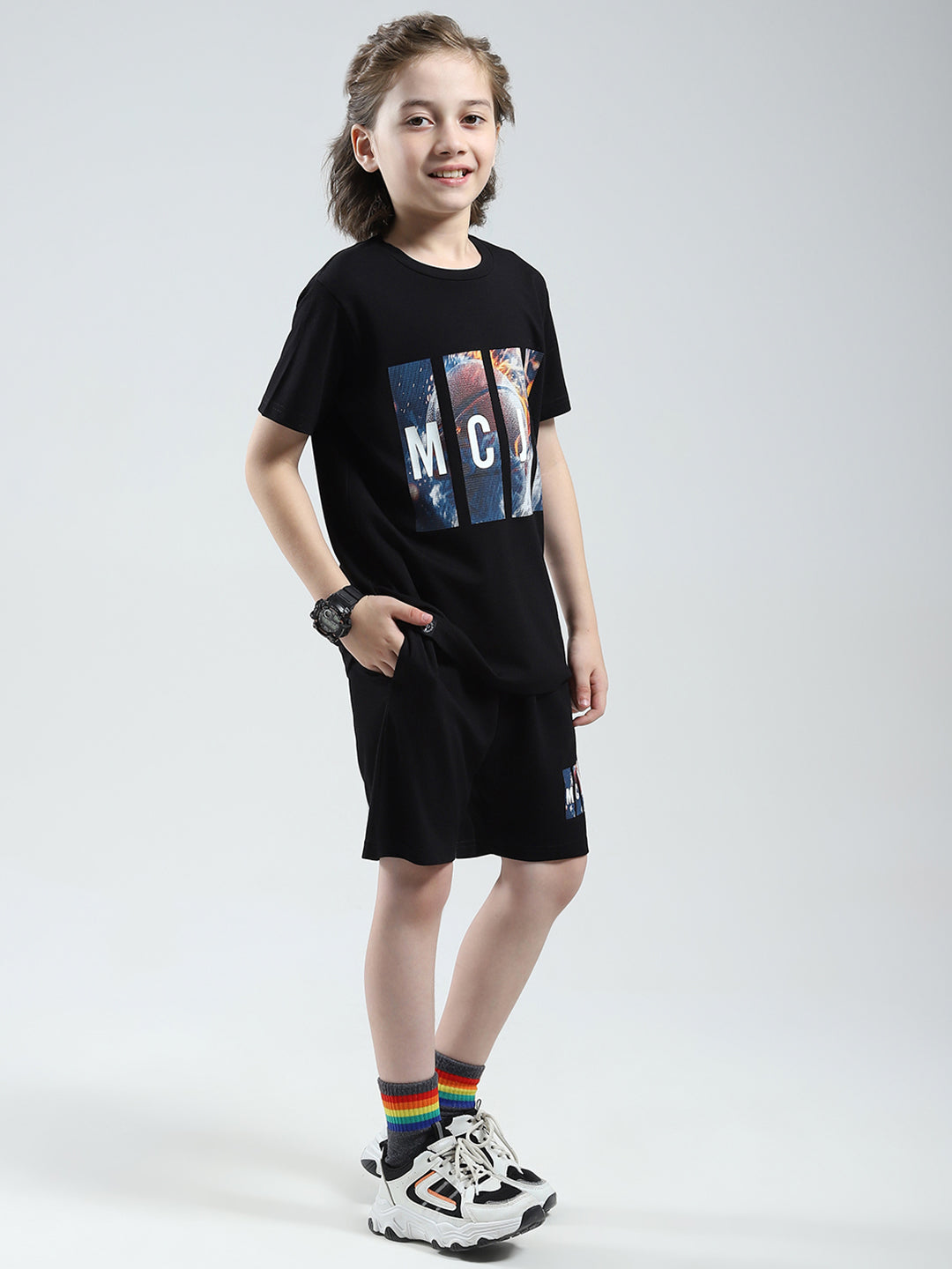 Boys Black Printed Round Neck Half Sleeve Bermuda Set