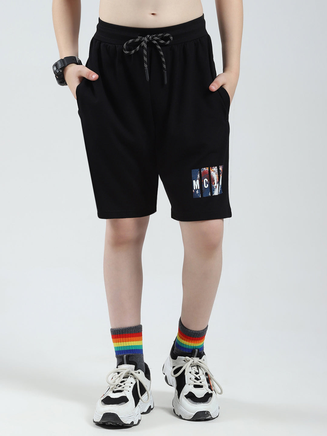 Boys Black Printed Round Neck Half Sleeve Bermuda Set