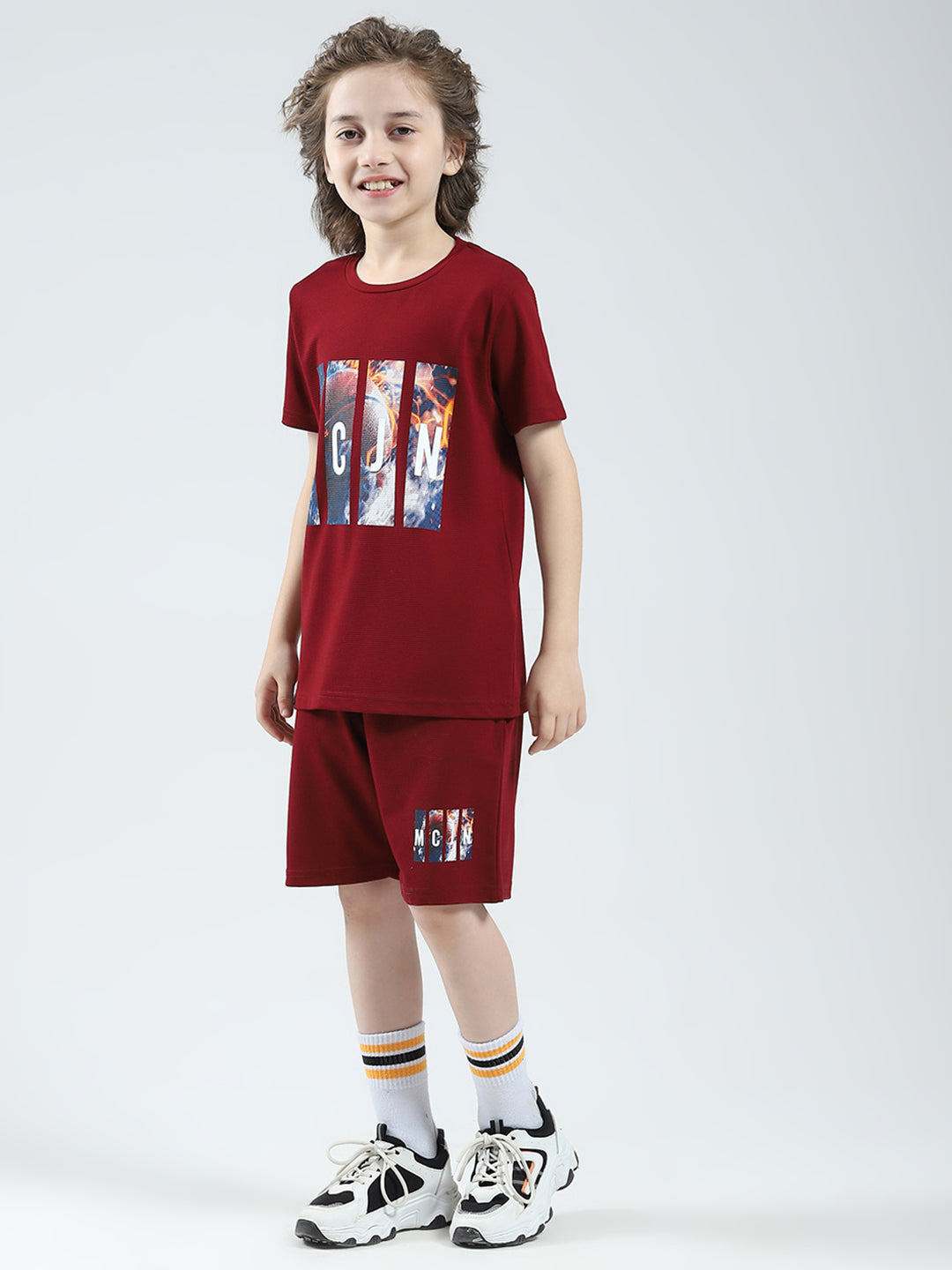 Boys Maroon Printed Round Neck Half Sleeve Bermuda Set