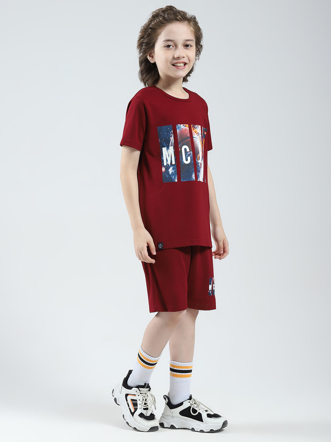 Boys Maroon Printed Round Neck Half Sleeve Bermuda Set