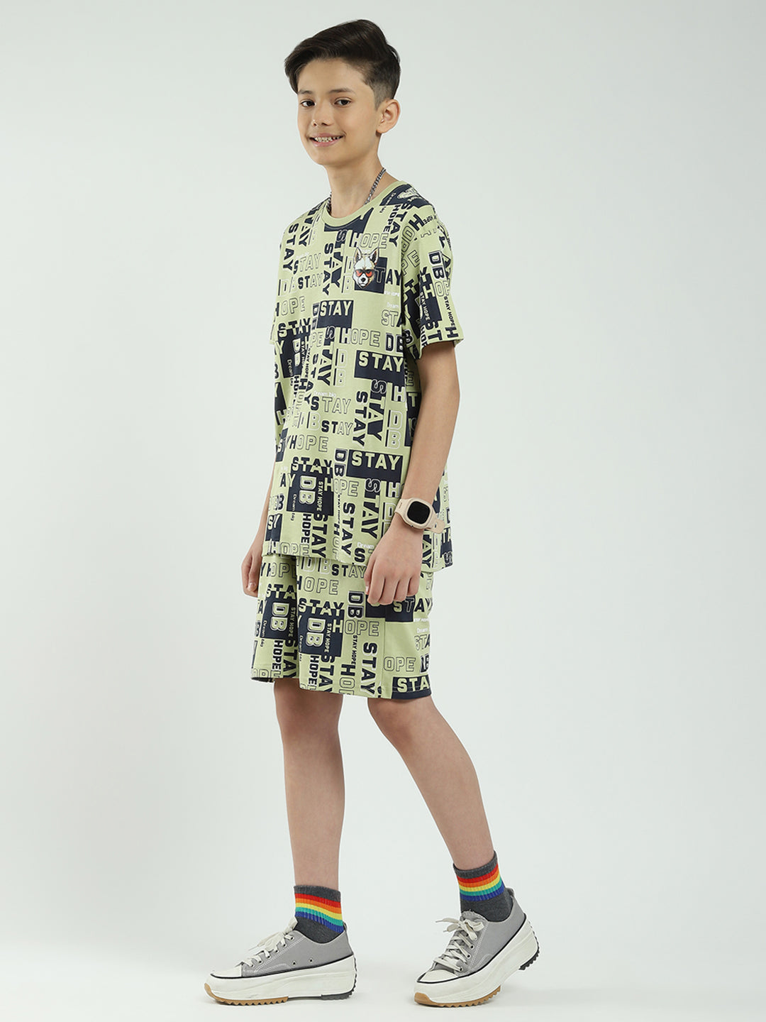 Boys Green Printed Round Neck Half Sleeve Bermuda Set