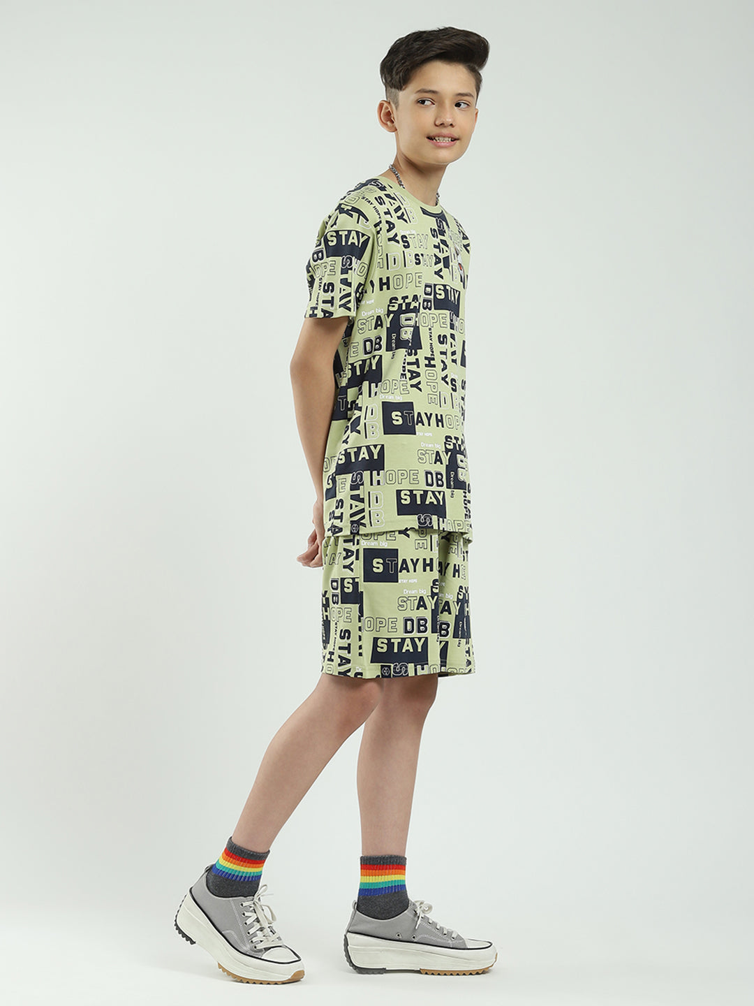 Boys Green Printed Round Neck Half Sleeve Bermuda Set