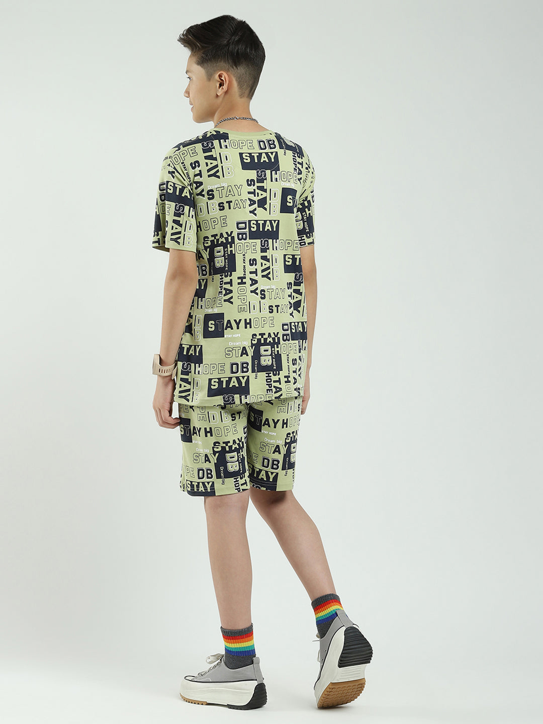 Boys Green Printed Round Neck Half Sleeve Bermuda Set