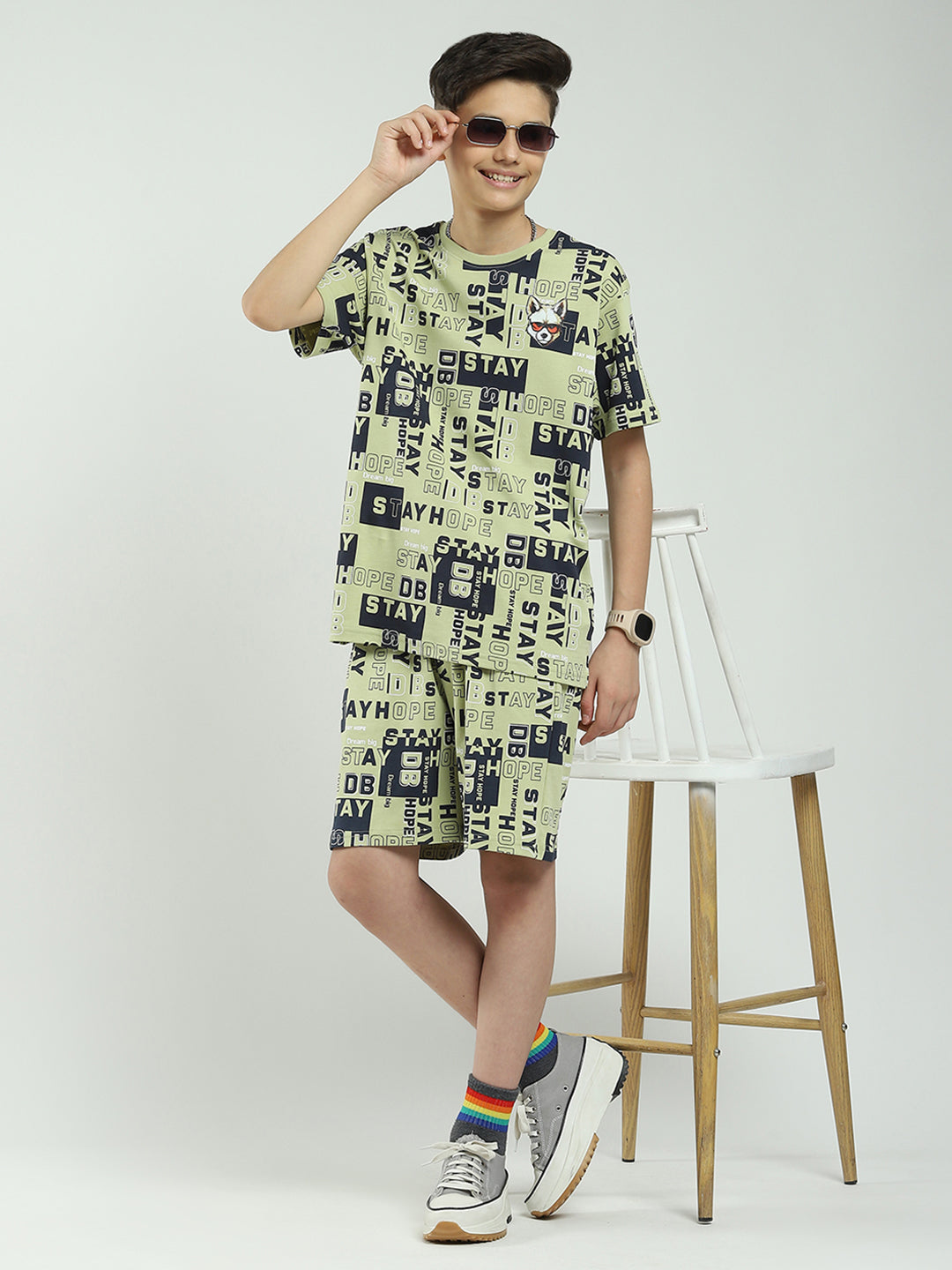 Boys Green Printed Round Neck Half Sleeve Bermuda Set