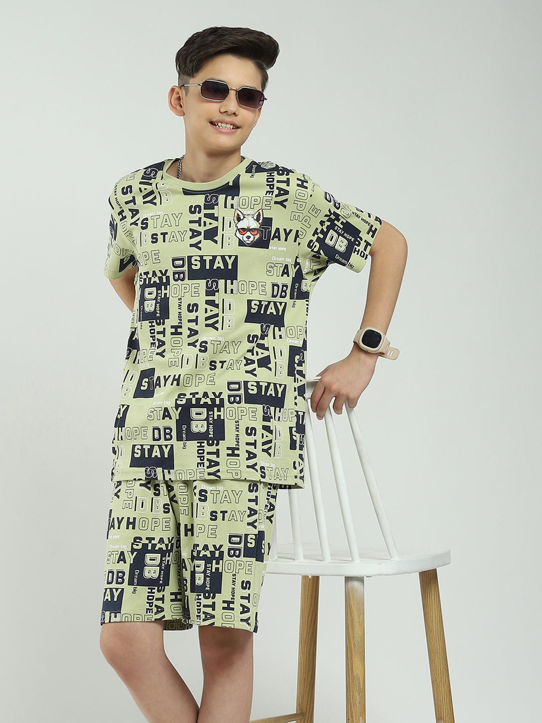 Boys Green Printed Round Neck Half Sleeve Bermuda Set