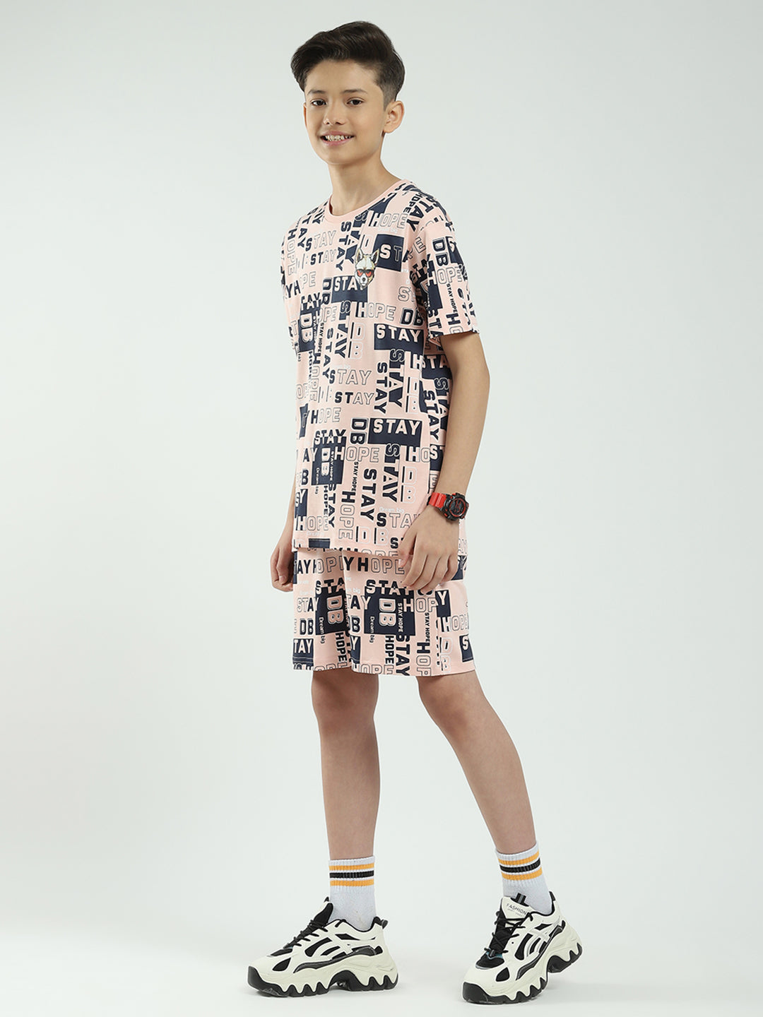 Boys Peach Printed Round Neck Half Sleeve Bermuda Set