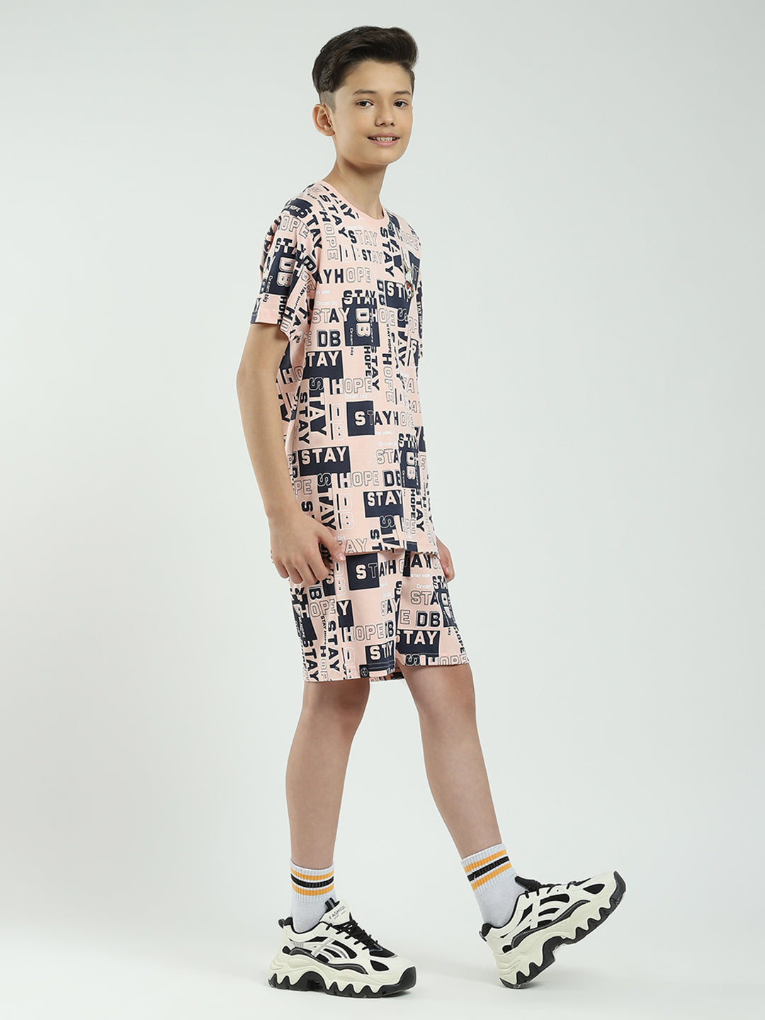 Boys Peach Printed Round Neck Half Sleeve Bermuda Set