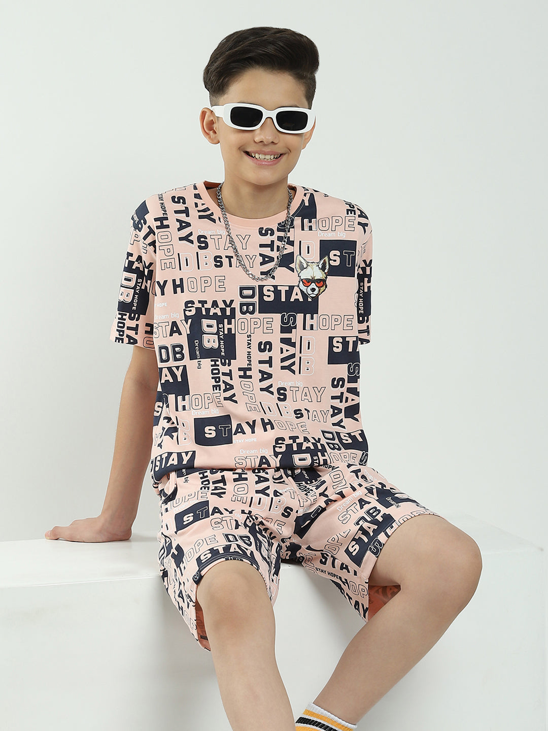 Boys Peach Printed Round Neck Half Sleeve Bermuda Set