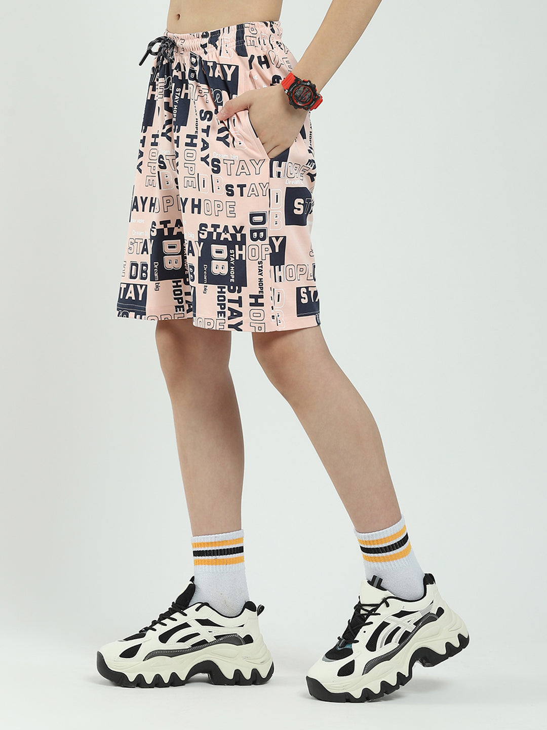 Boys Peach Printed Round Neck Half Sleeve Bermuda Set