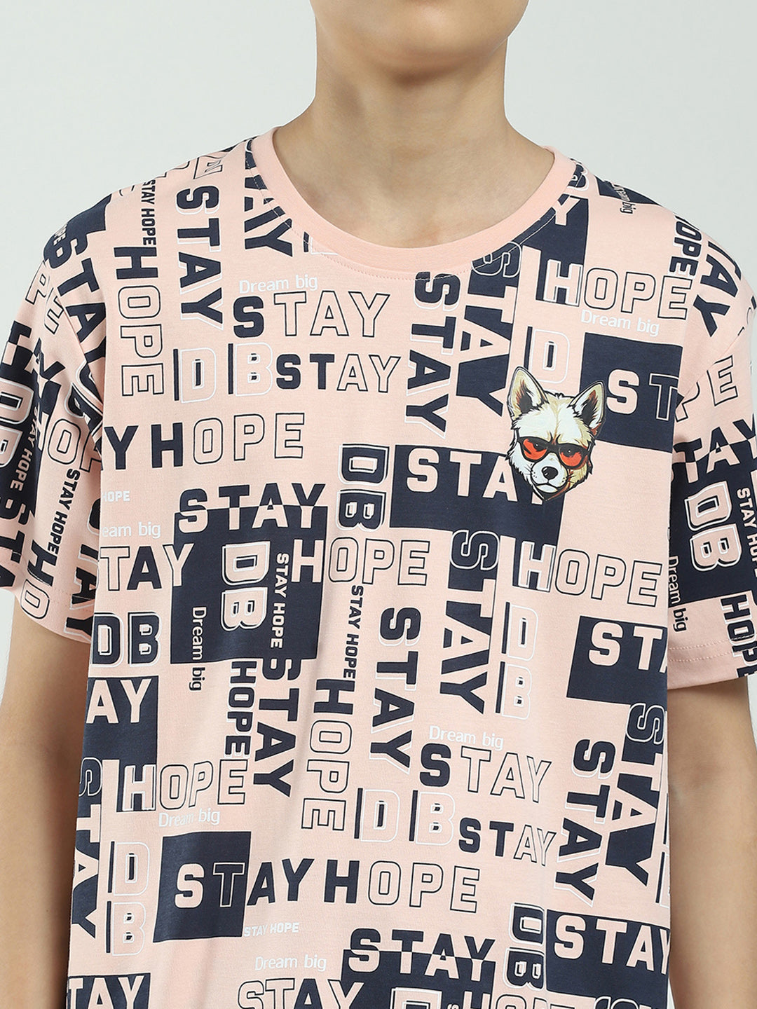 Boys Peach Printed Round Neck Half Sleeve Bermuda Set