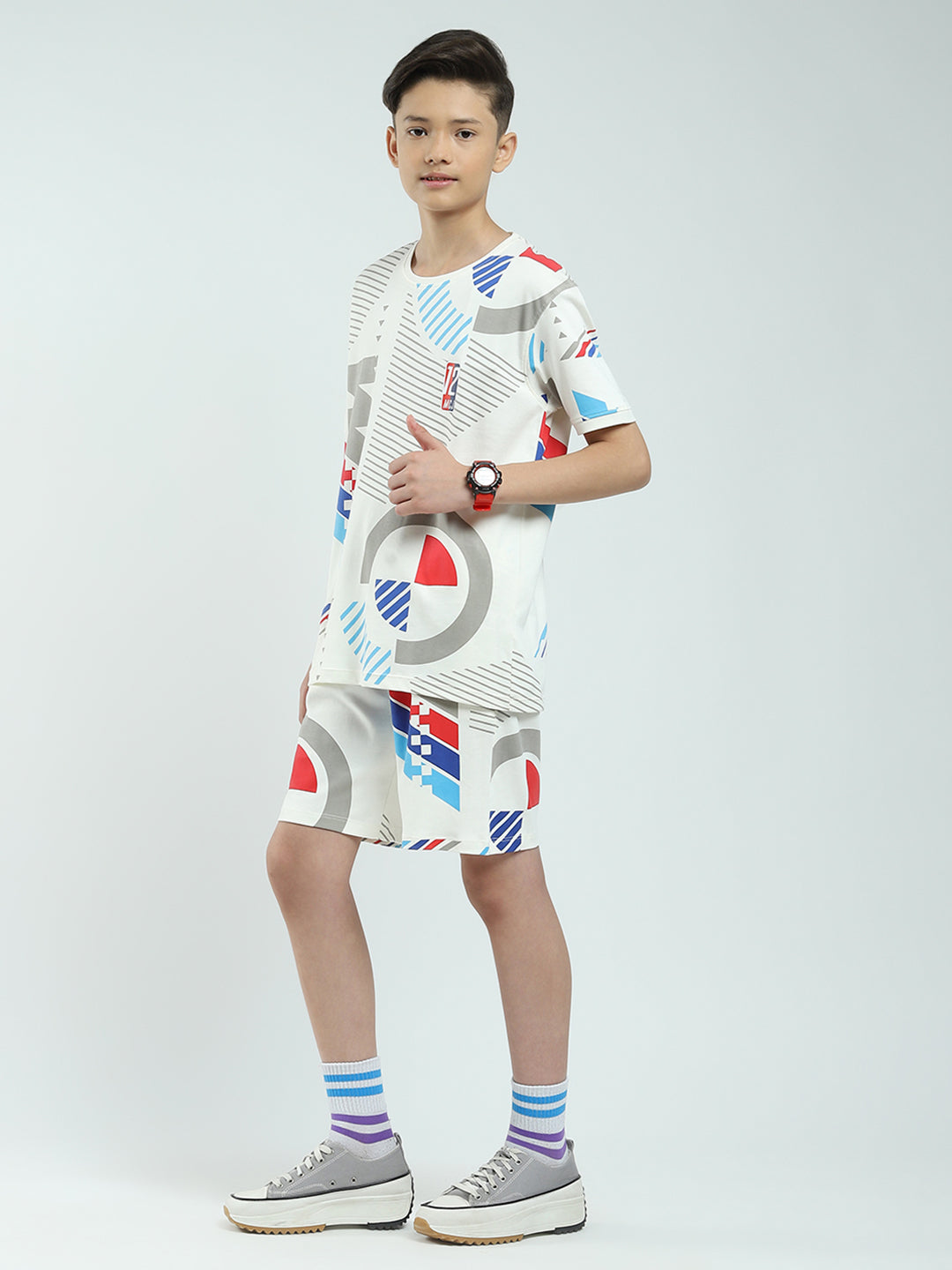 Boys White Printed Round Neck Half Sleeve Bermuda Set