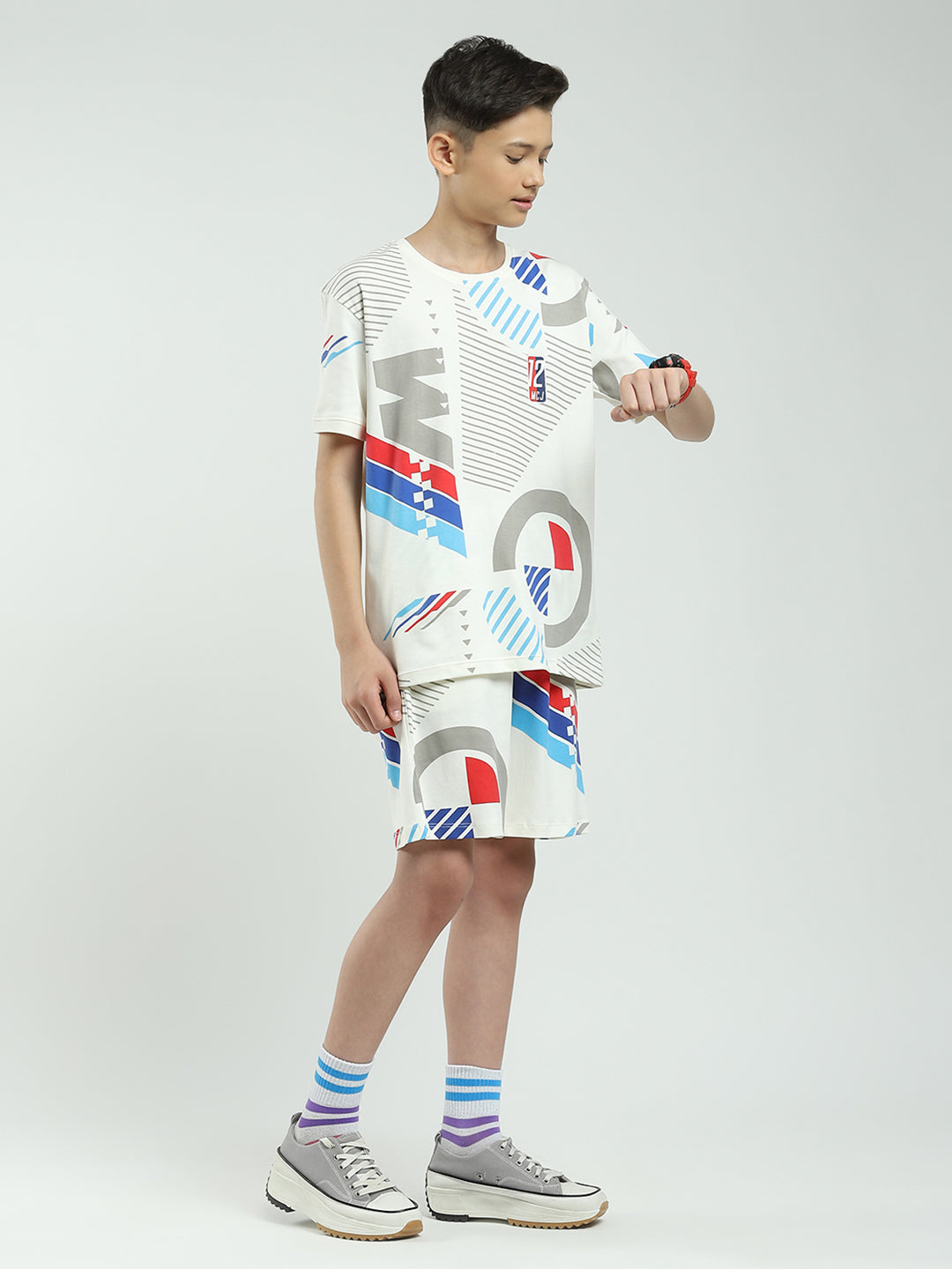 Boys White Printed Round Neck Half Sleeve Bermuda Set
