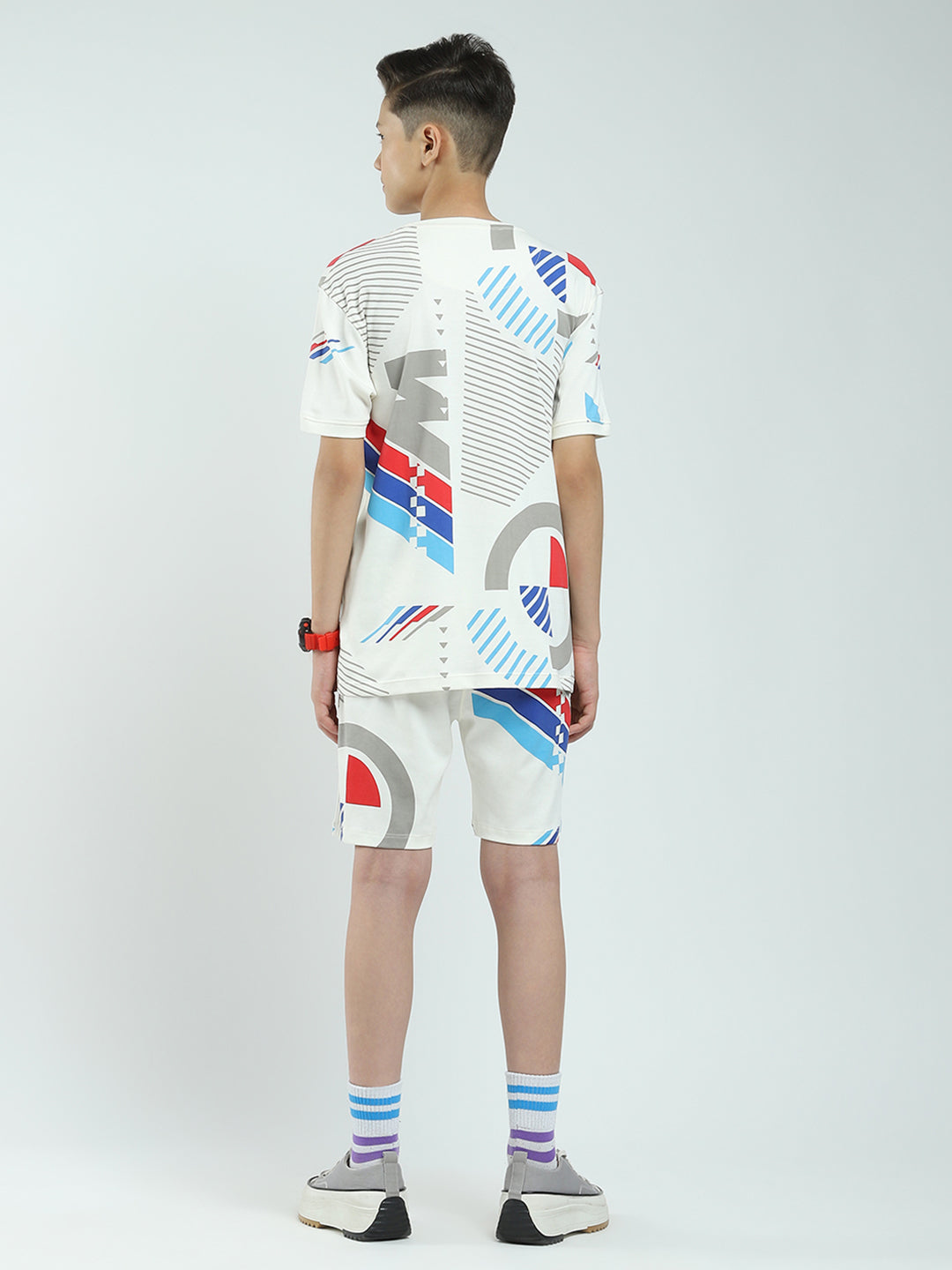 Boys White Printed Round Neck Half Sleeve Bermuda Set