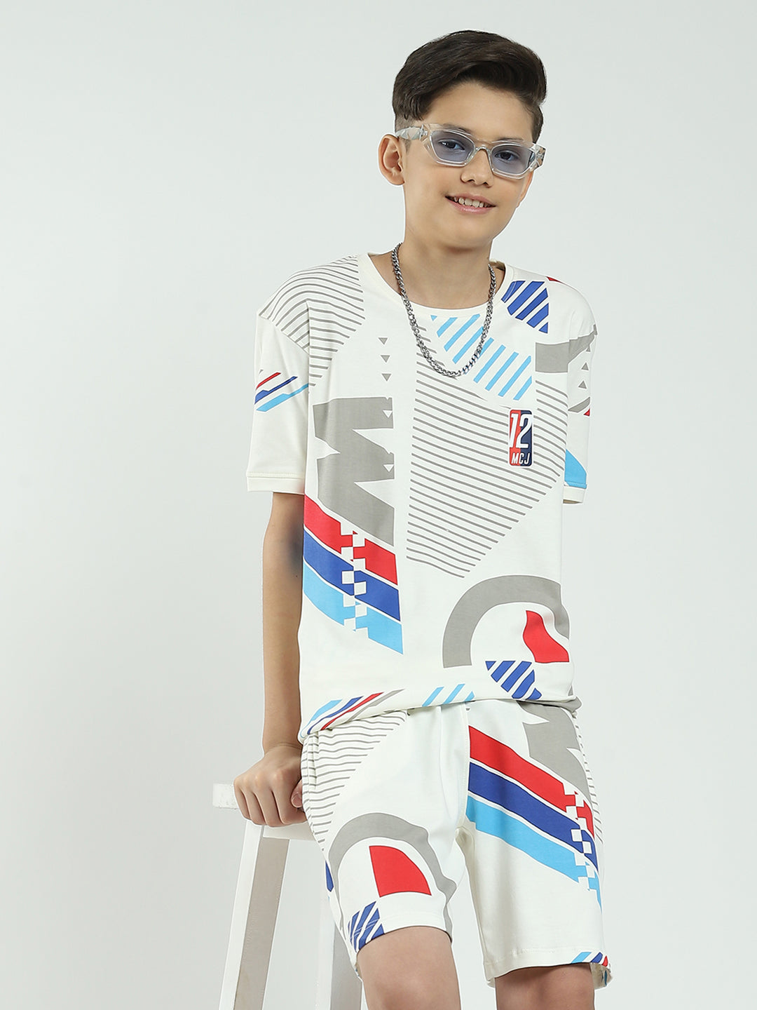 Boys White Printed Round Neck Half Sleeve Bermuda Set