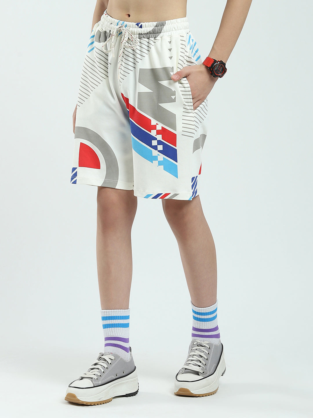 Boys White Printed Round Neck Half Sleeve Bermuda Set