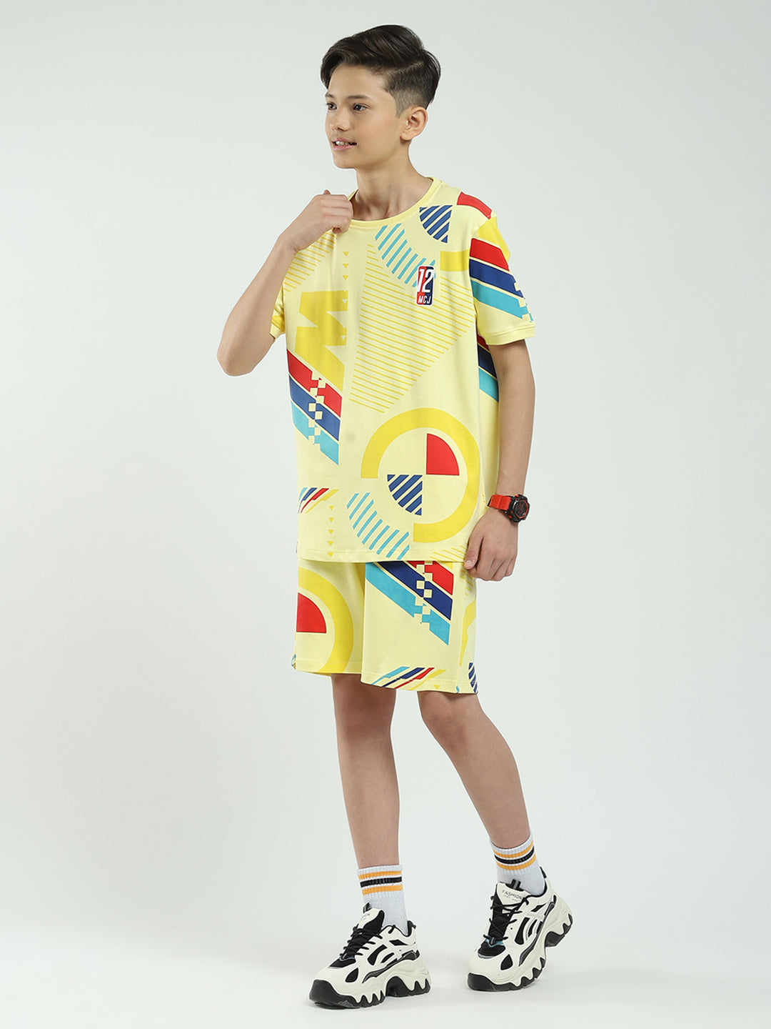Boys Yellow Printed Round Neck Half Sleeve Bermuda Set
