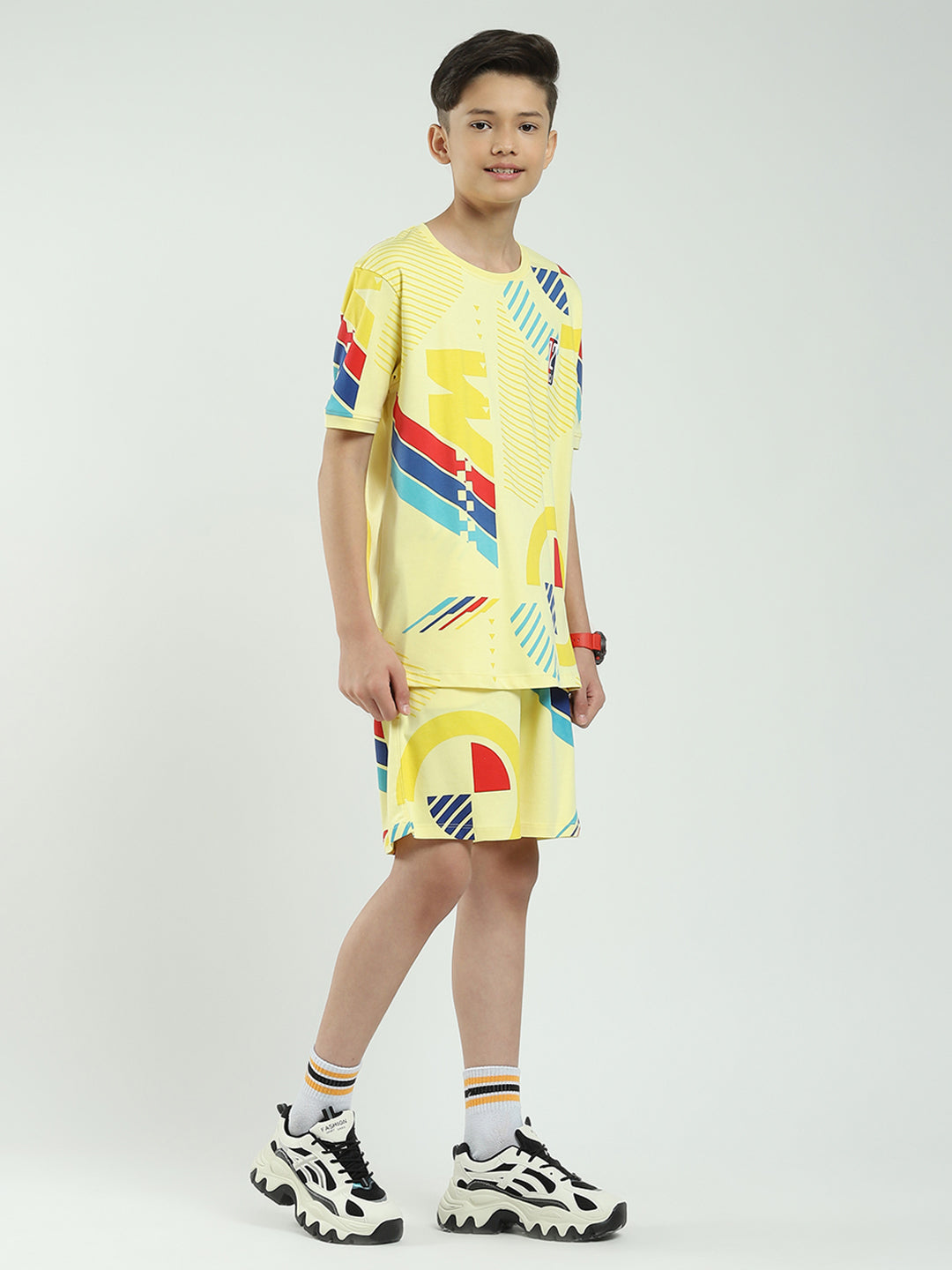 Boys Yellow Printed Round Neck Half Sleeve Bermuda Set
