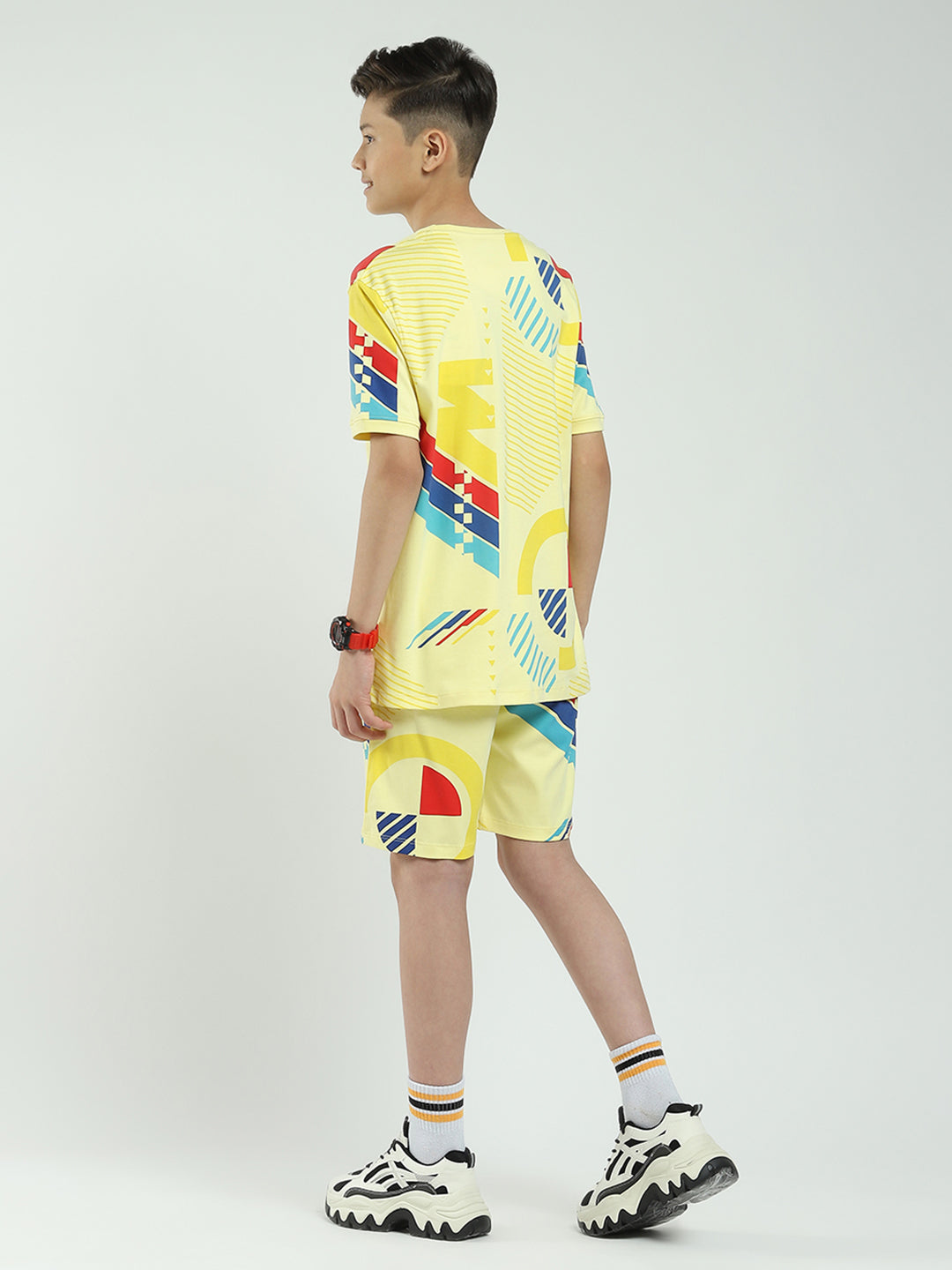 Boys Yellow Printed Round Neck Half Sleeve Bermuda Set